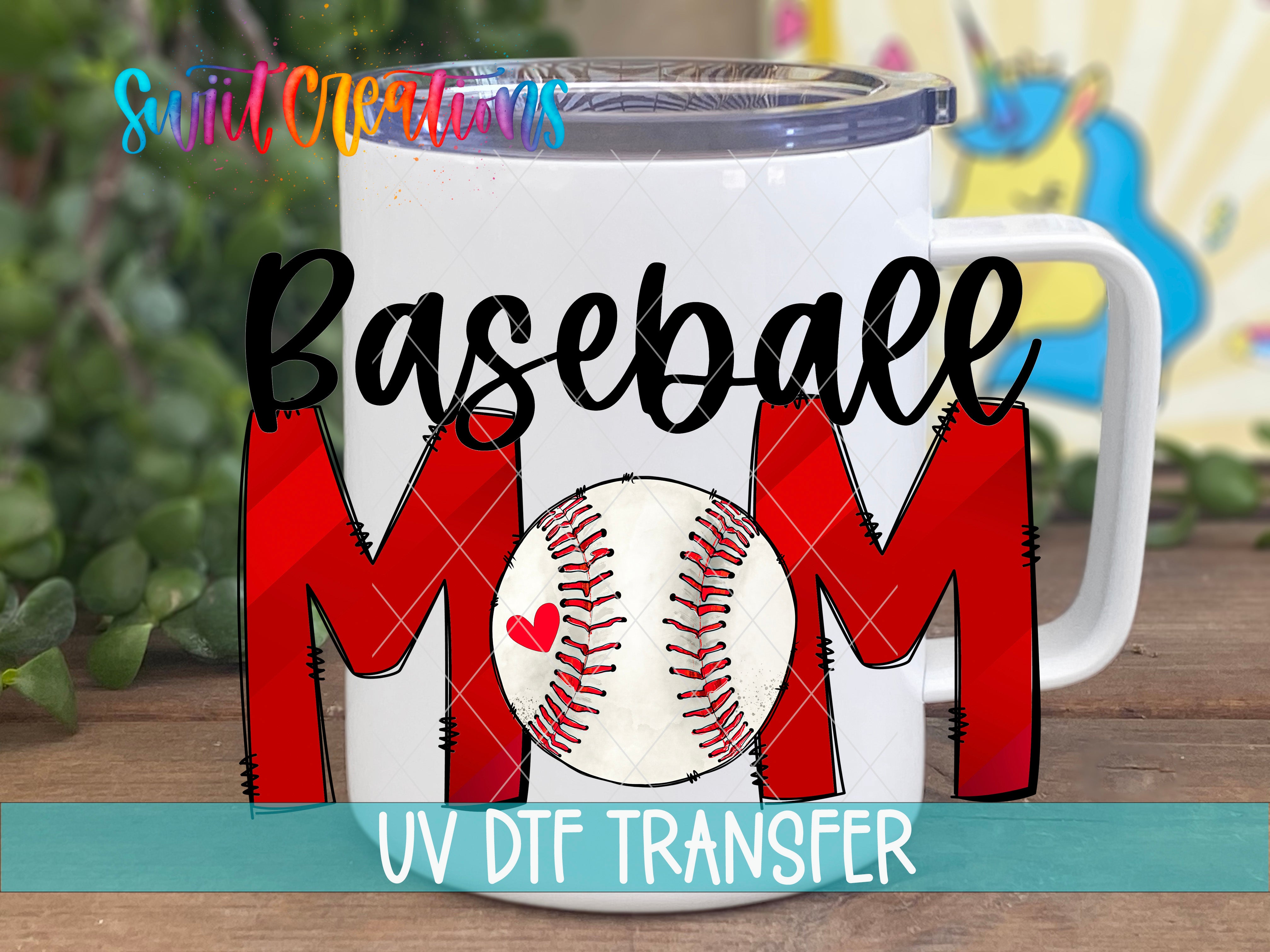 A white mug with the text "Baseball Mom" and a baseball graphic printed on it, along with a UV DFT transfer label.