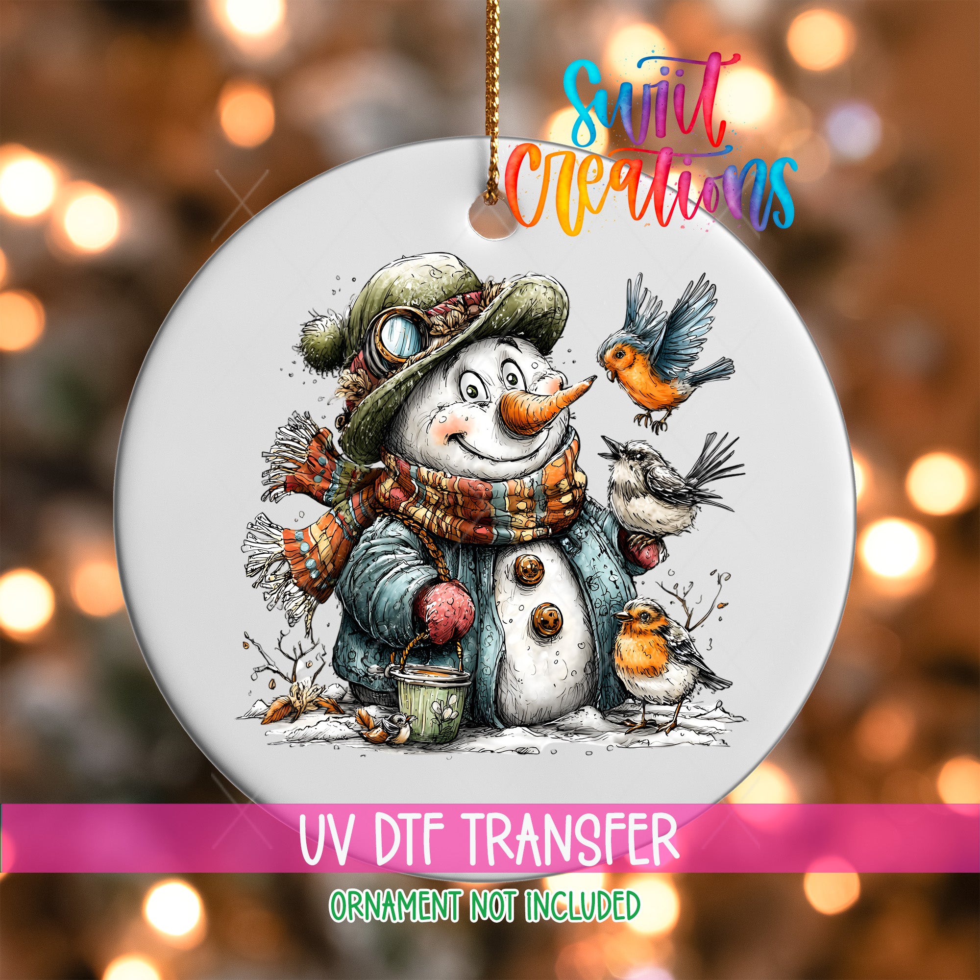 A snowman ornament with a bird perched on its shoulder, surrounded by other birds, against a blurred background of lights.