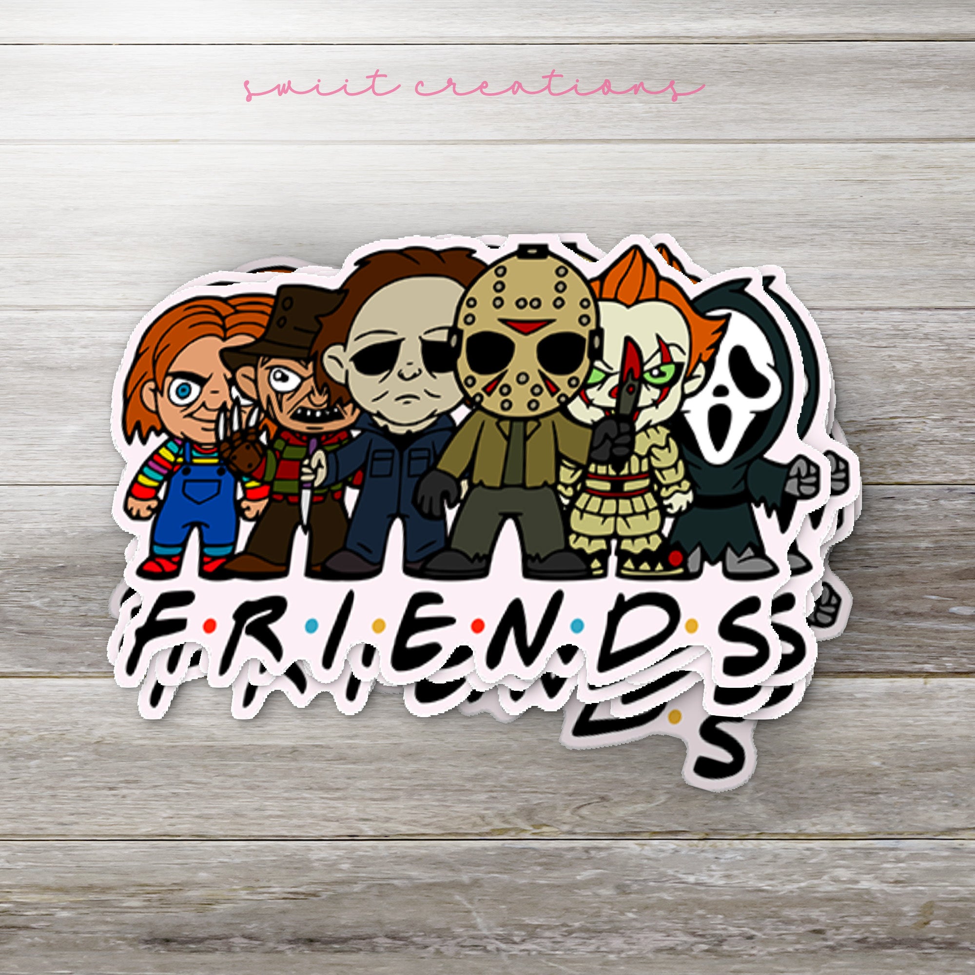 a sticker with a group of cartoon characters on it