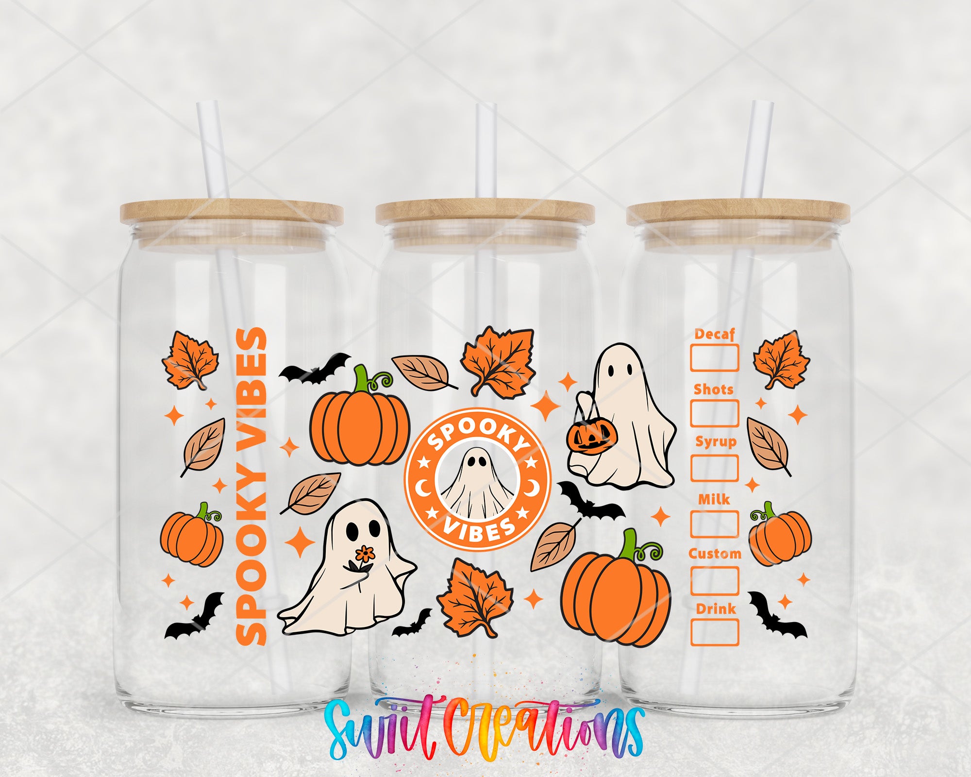 A trio of clear glass tumblers with Halloween-themed lids, featuring illustrations of pumpkins, bats, and ghostly figures.