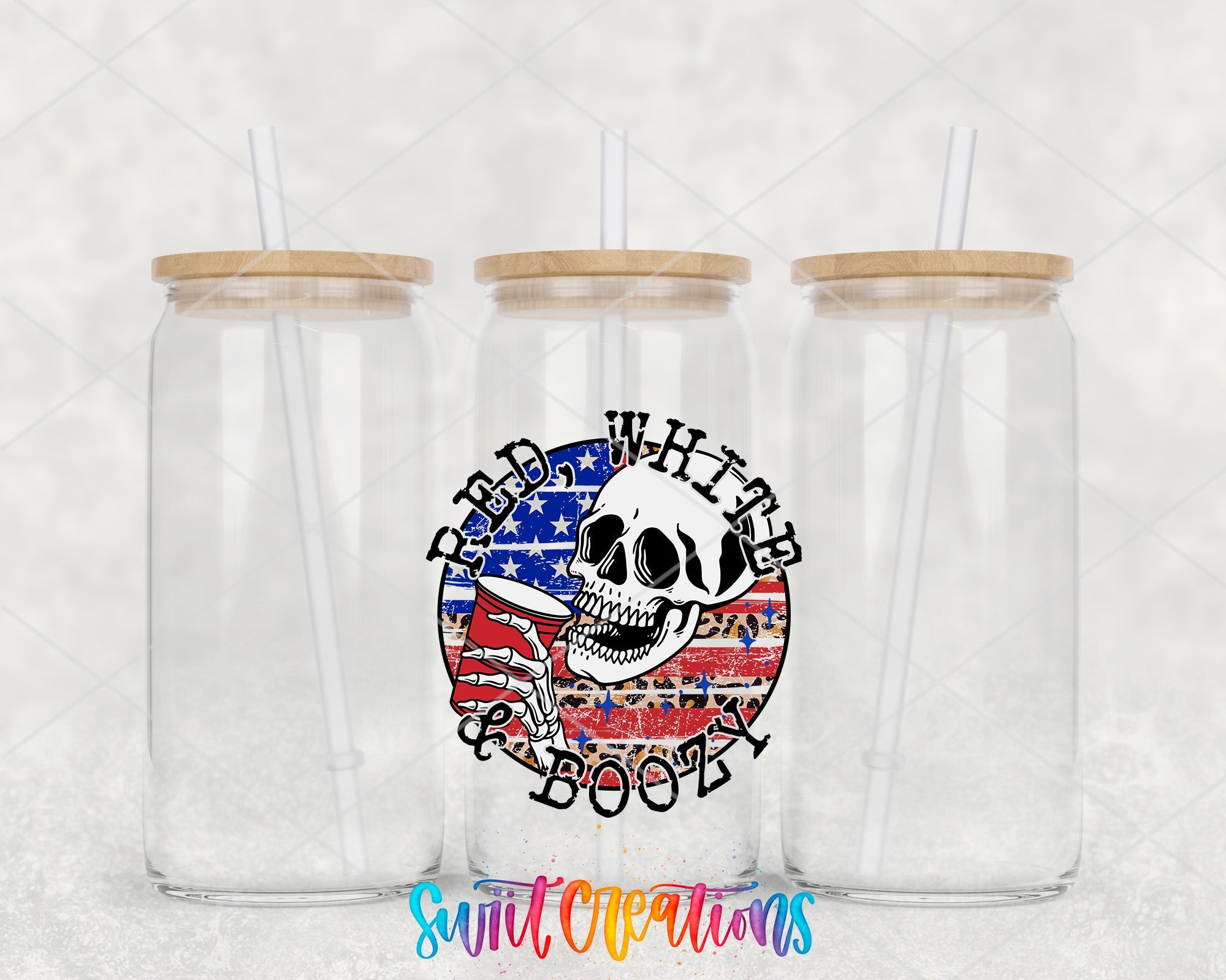 two clear tumblers with a skull and american flag on them