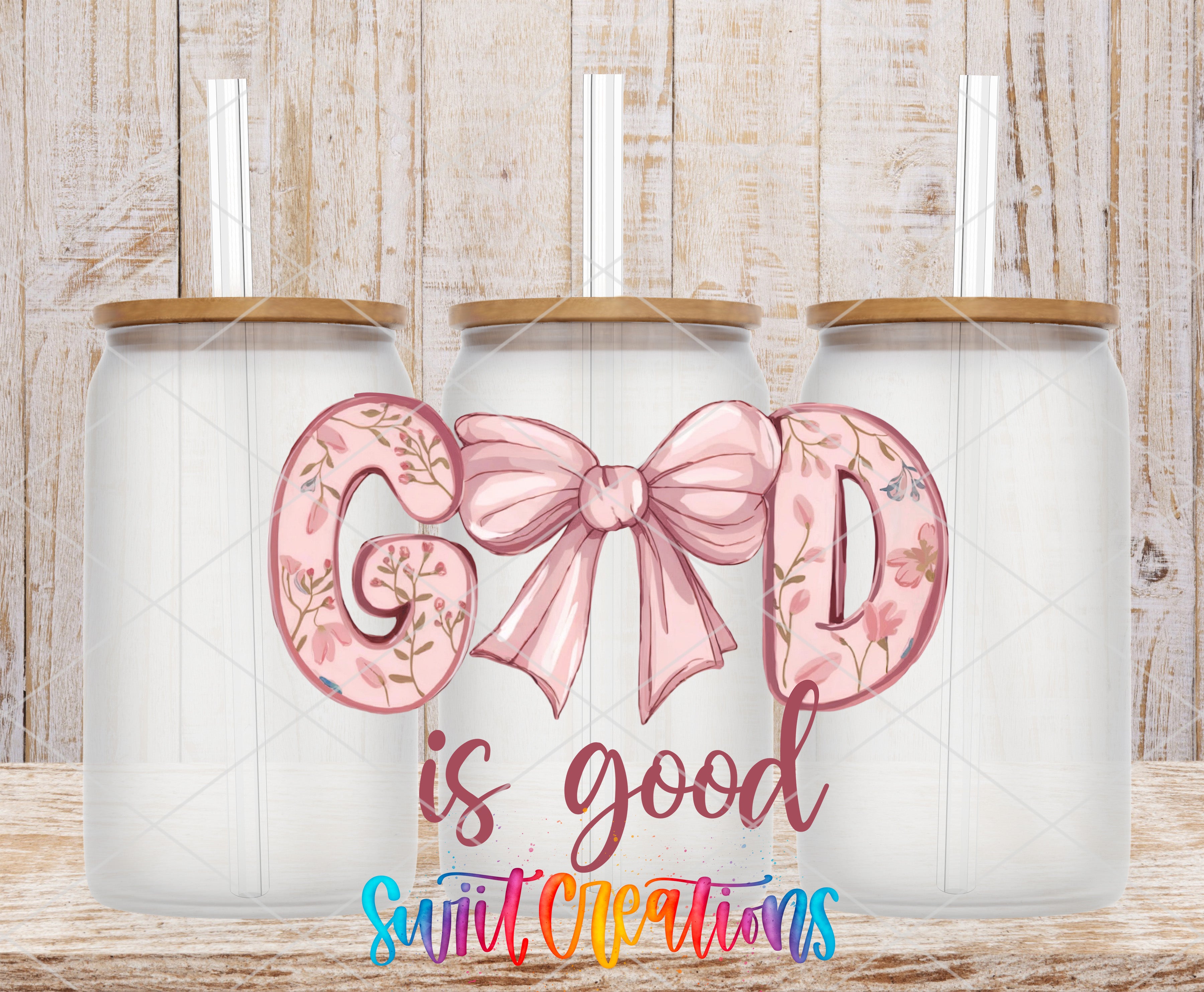 three glass jars with lids, each containing a straw, and the text "GOOD is good" written in a decorative pink font.