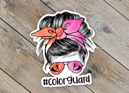 a sticker of a woman with a pink bow and sunglasses
