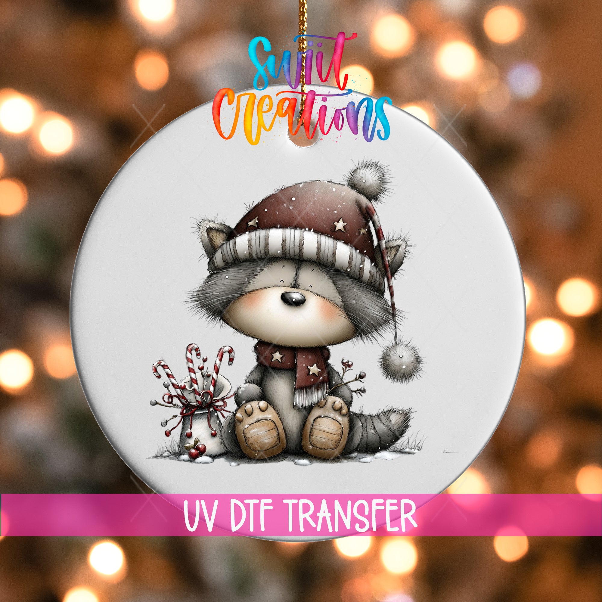 A ceramic ornament featuring a cute raccoon wearing a hat and scarf, sitting on the ground and holding a candy cane.