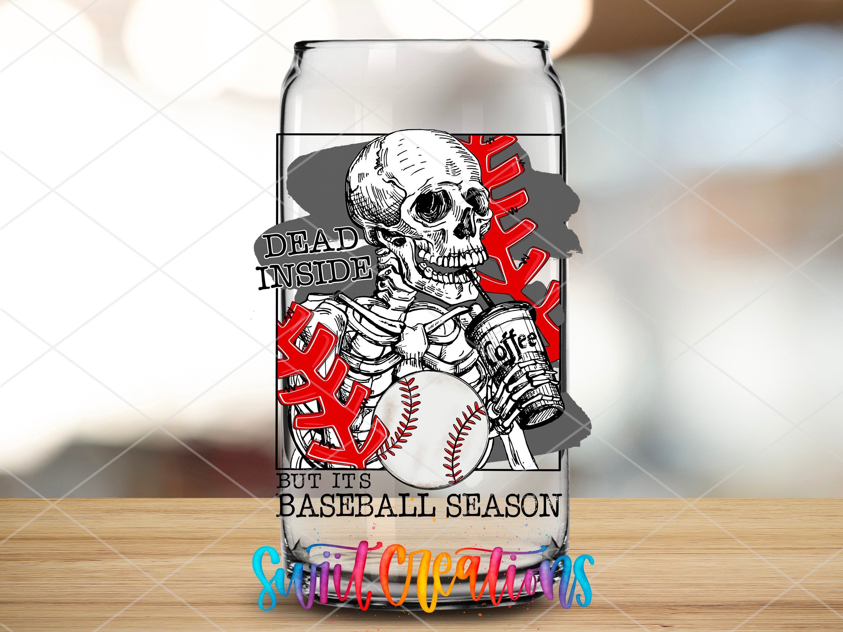 a glass bottle with a skeleton holding a baseball