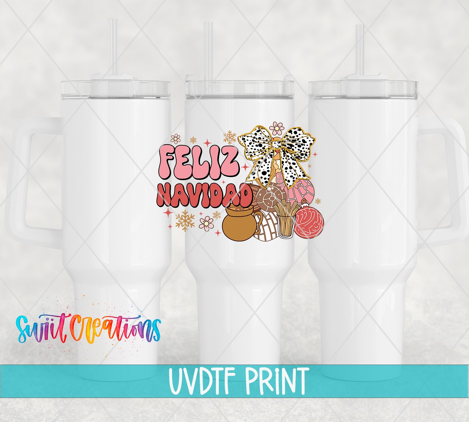 three white tumblers with a colorful and festive design on them, including a bow, flowers, and a message that says "Feliz Navidado".
