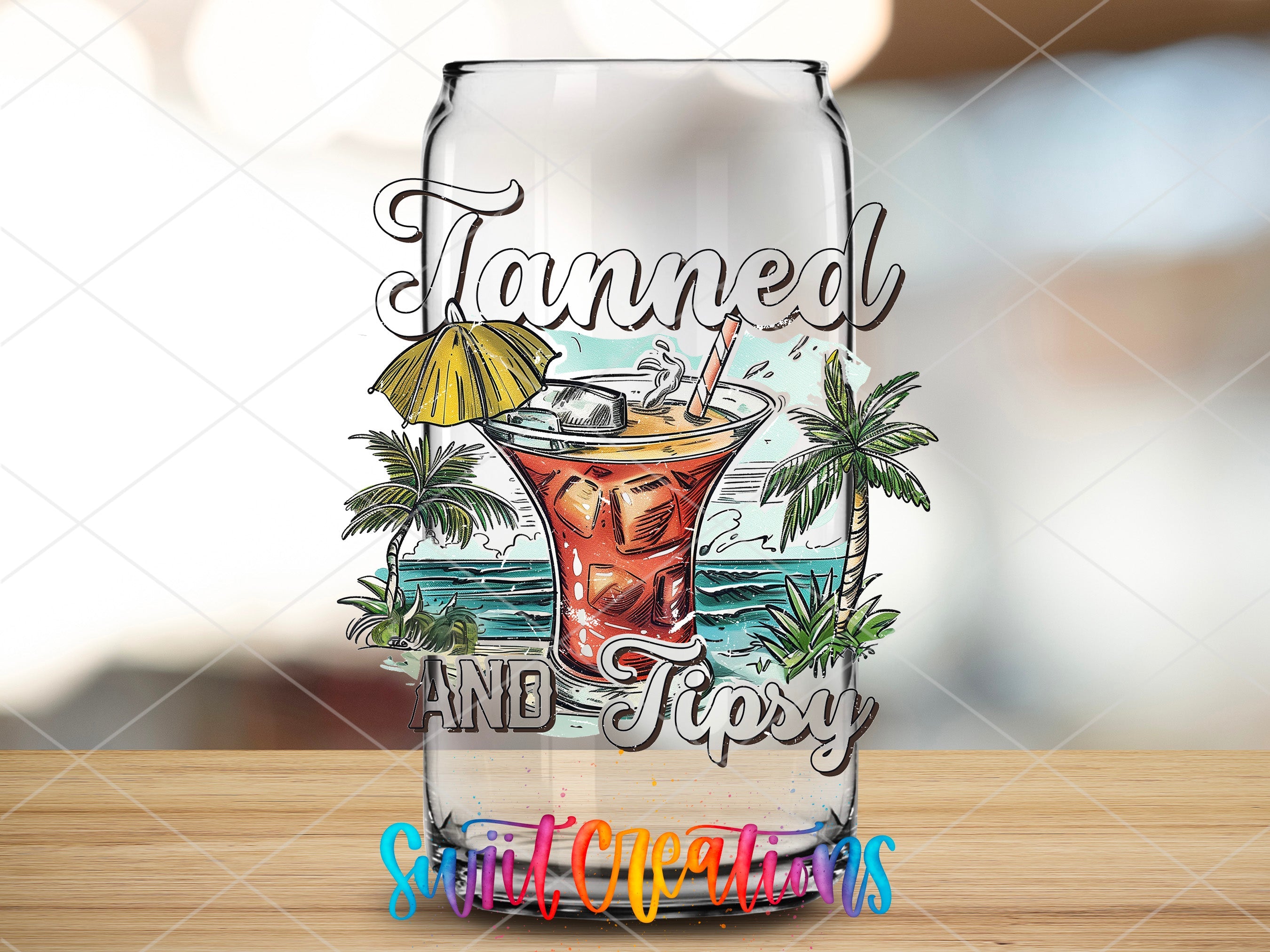 a glass with a picture of a cocktail on it