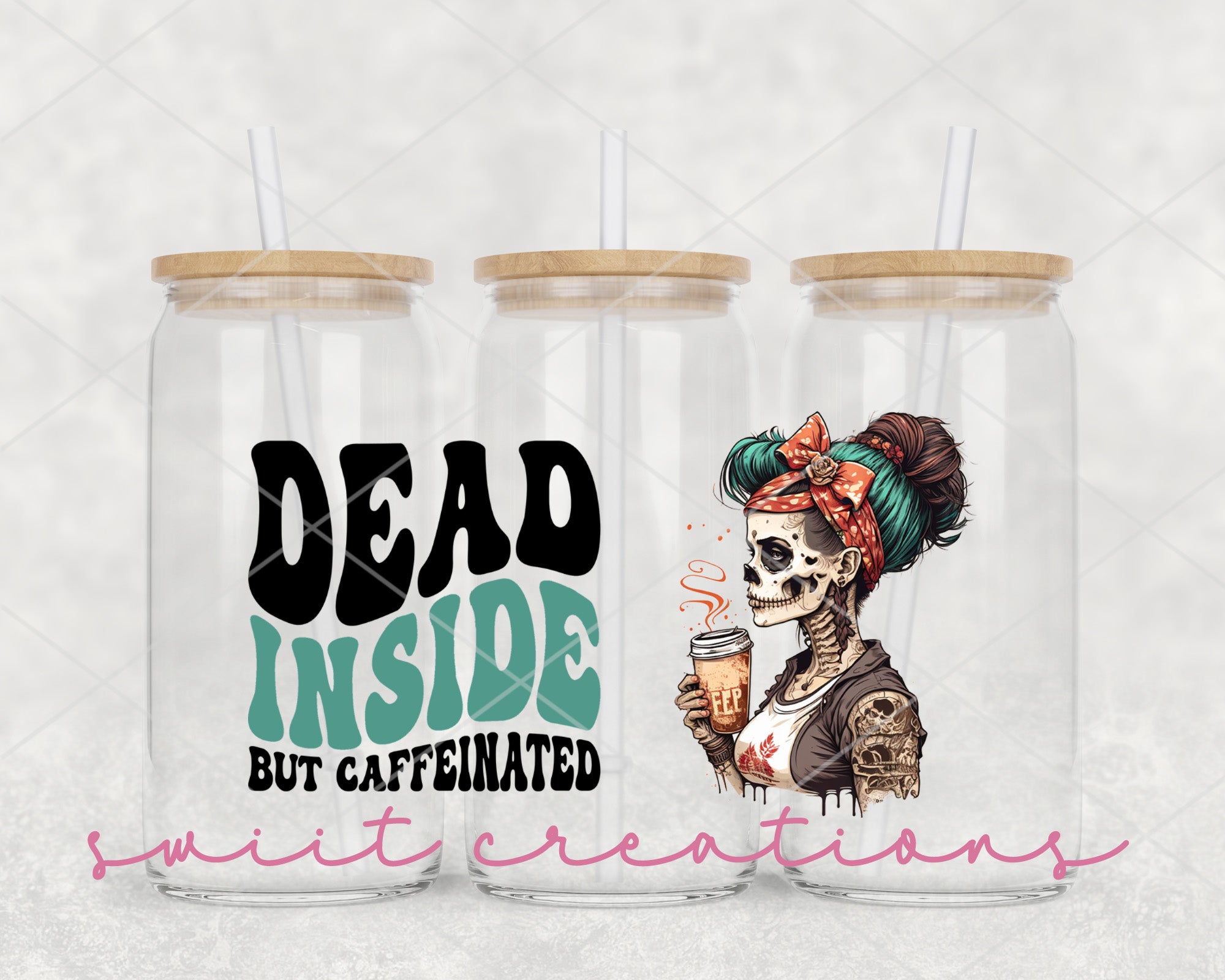 two tumblers with a picture of a skeleton holding a drink