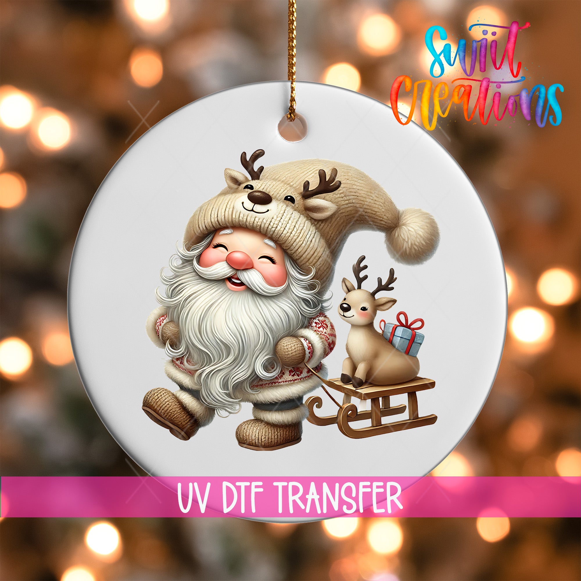 A white ornament featuring a smiling Santa Claus holding a reindeer and a gift, with a text overlay that says "Sweet Creations" and "UV Dtf Transfer".