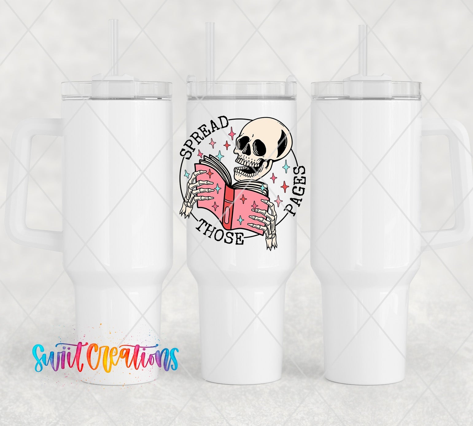 two white tumblers with a skeleton reading a book