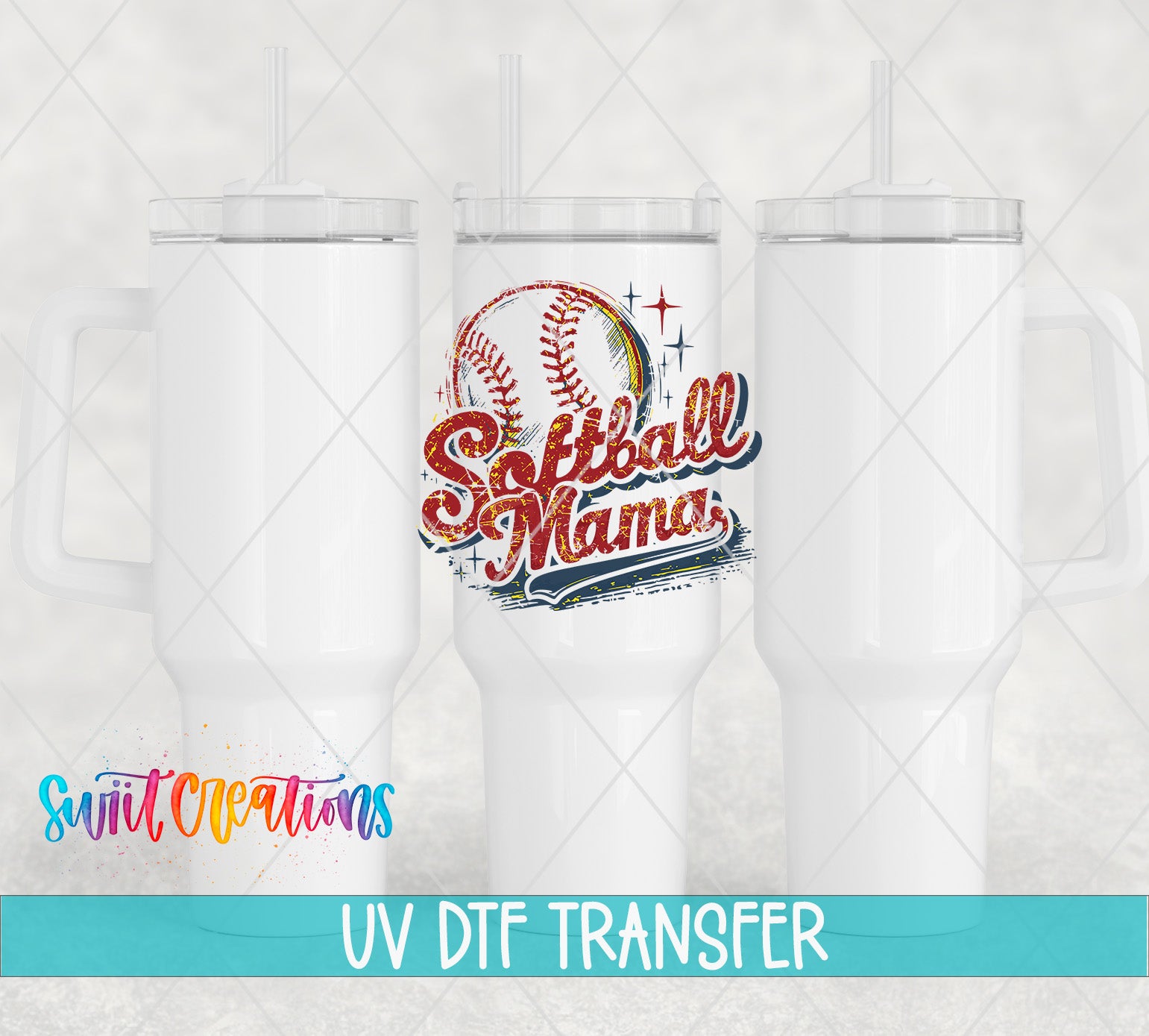 three white tumblers with a baseball design and the text "Softball Mama" printed on them.