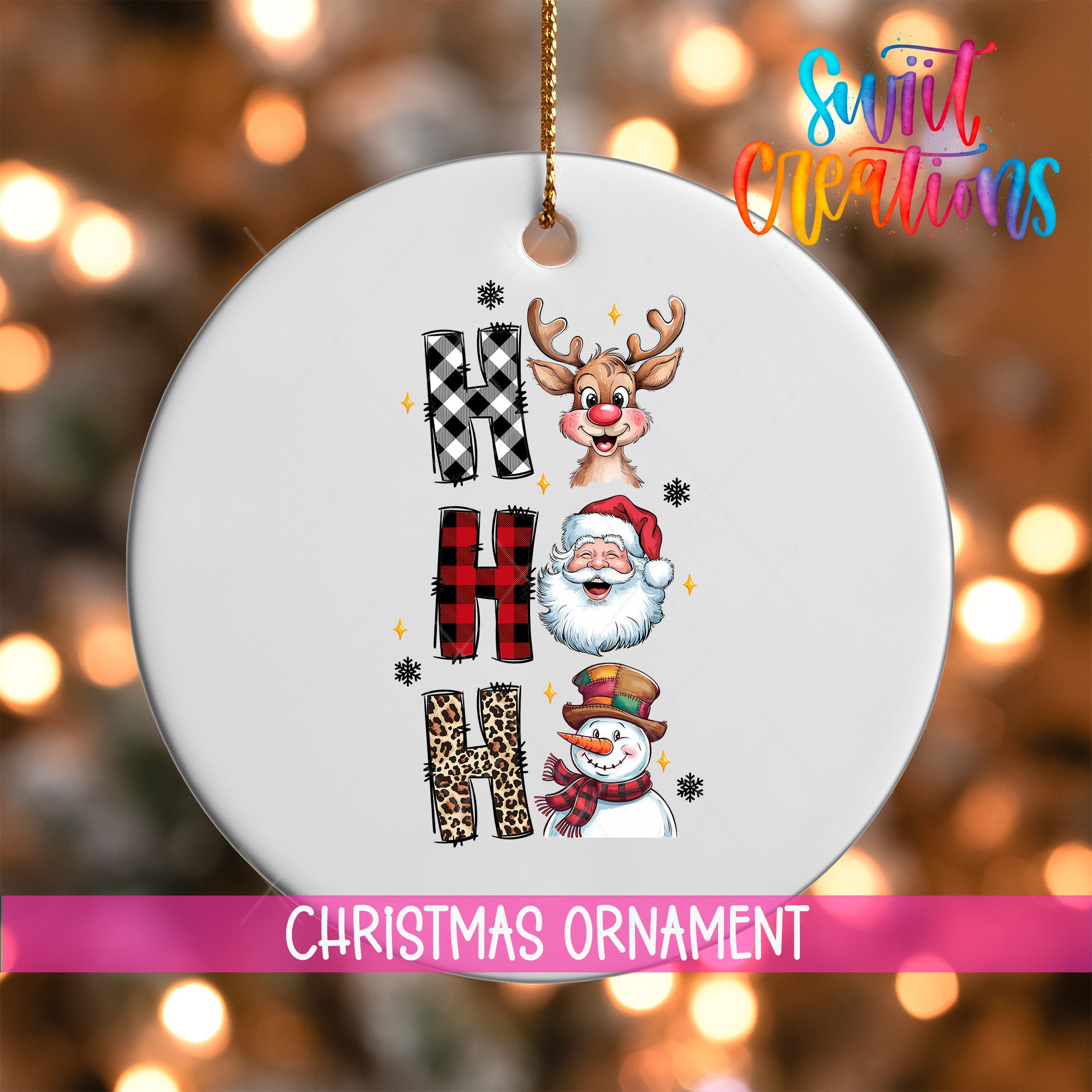 A white Christmas ornament with the word "HAPPY" spelled out in a vertical arrangement, featuring a reindeer, Santa Claus, and a snowman.