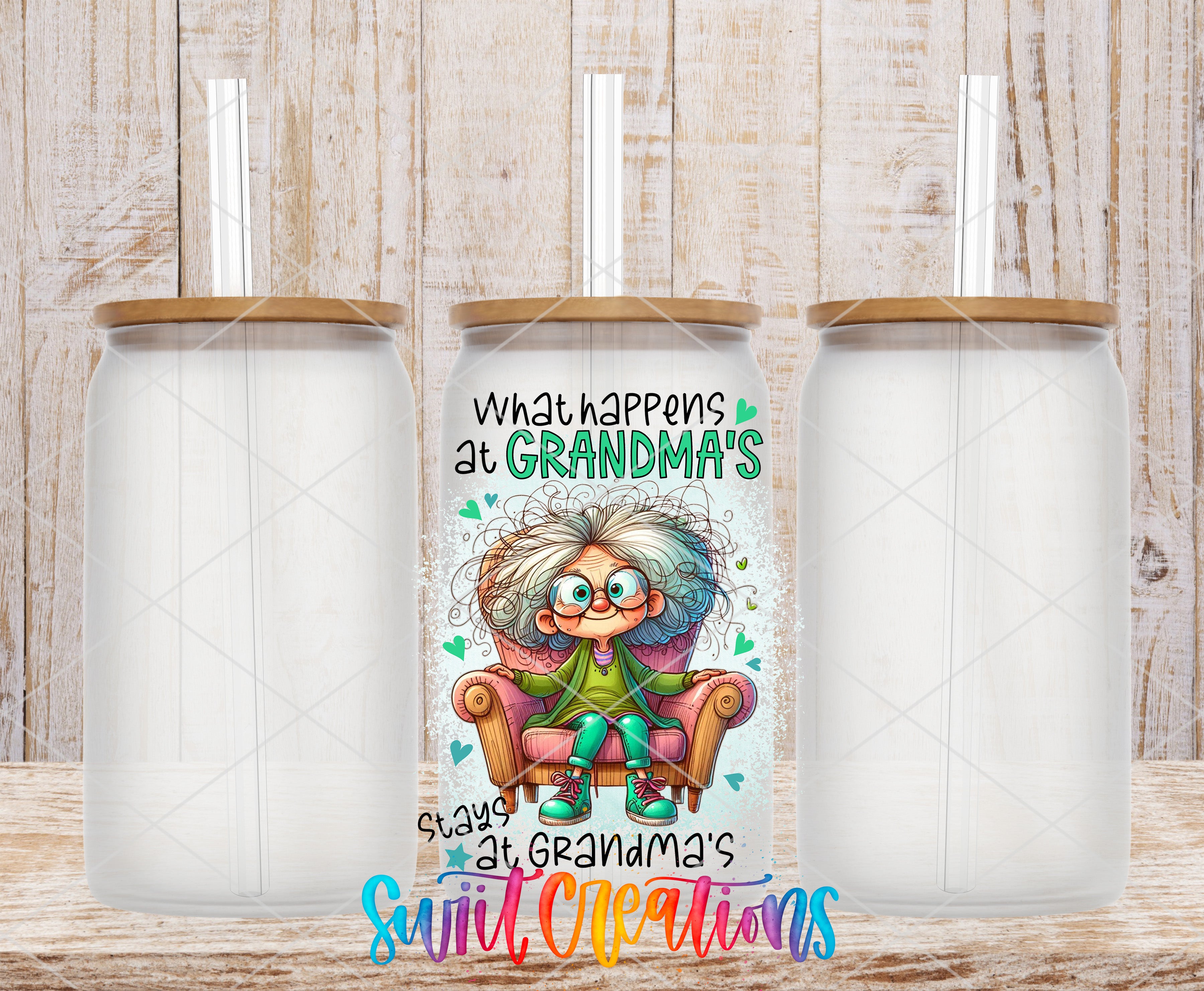 a colorful and whimsical design of a glass jar with a cartoon character on it, placed on a wooden surface.