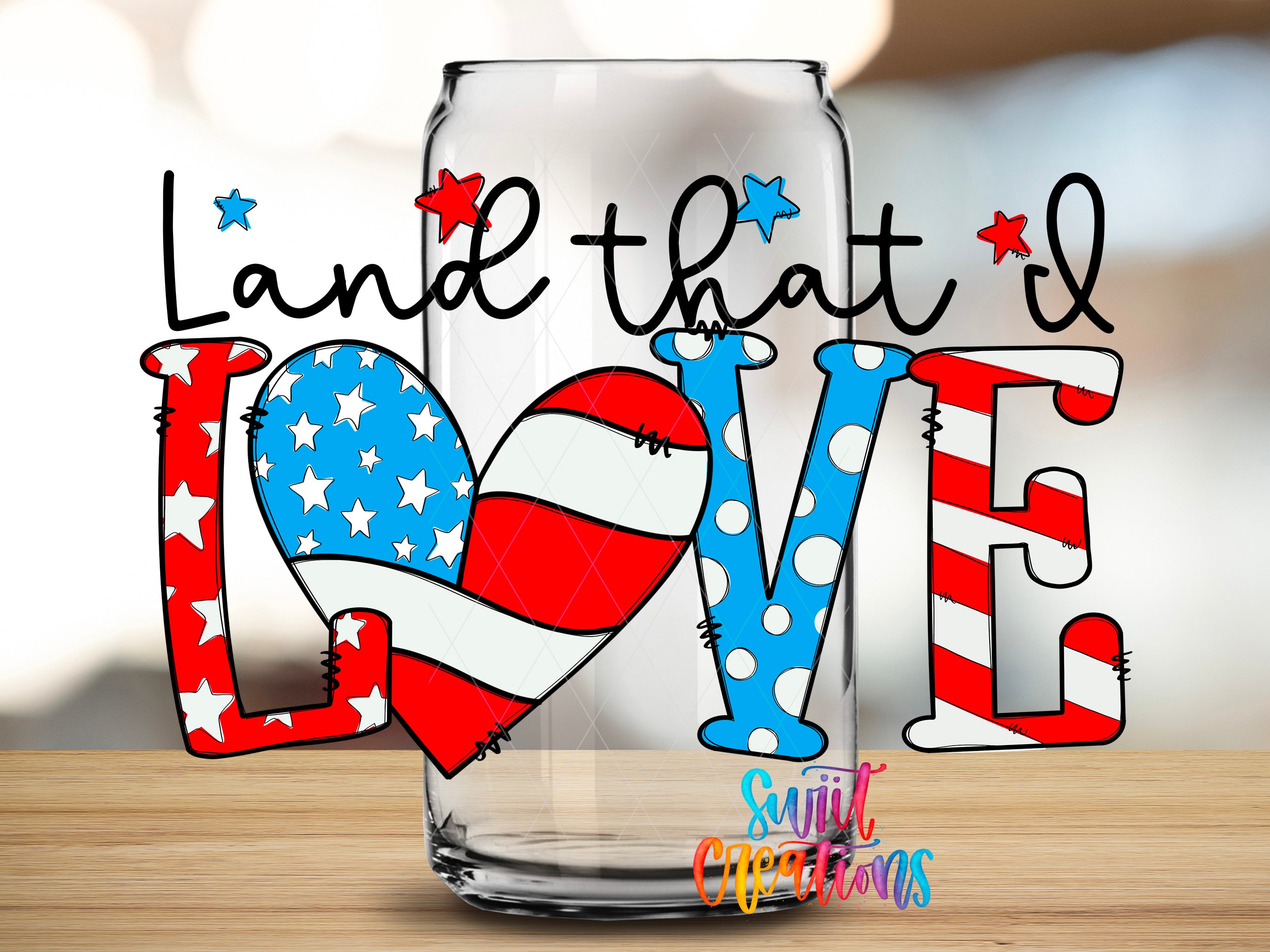 a glass can with the text "Land that I love" written on it, along with an American flag design.