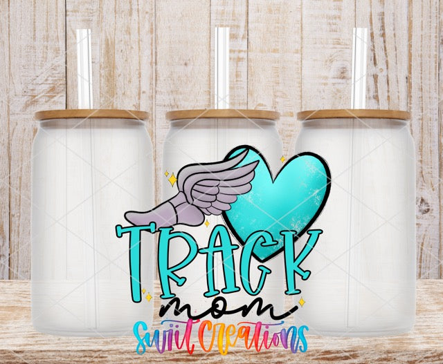 two coffee mugs with the words track mom and a heart