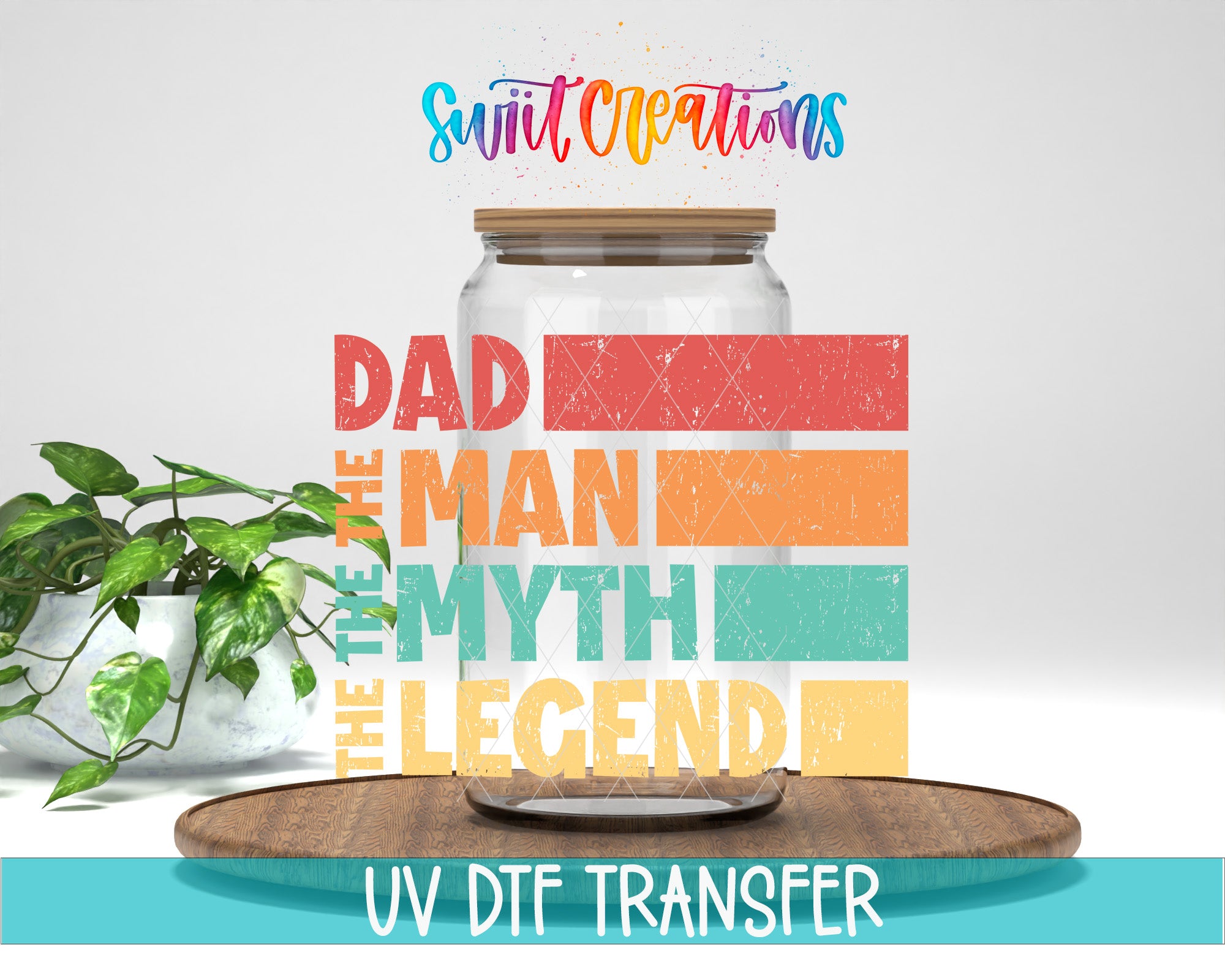 The image is a promotional graphic for a product called "The Dad Myth Legend". It features a large glass jar with a wooden lid, surrounded by colorful text and graphics. The background is white, and there is a potted plant to the left of the jar.