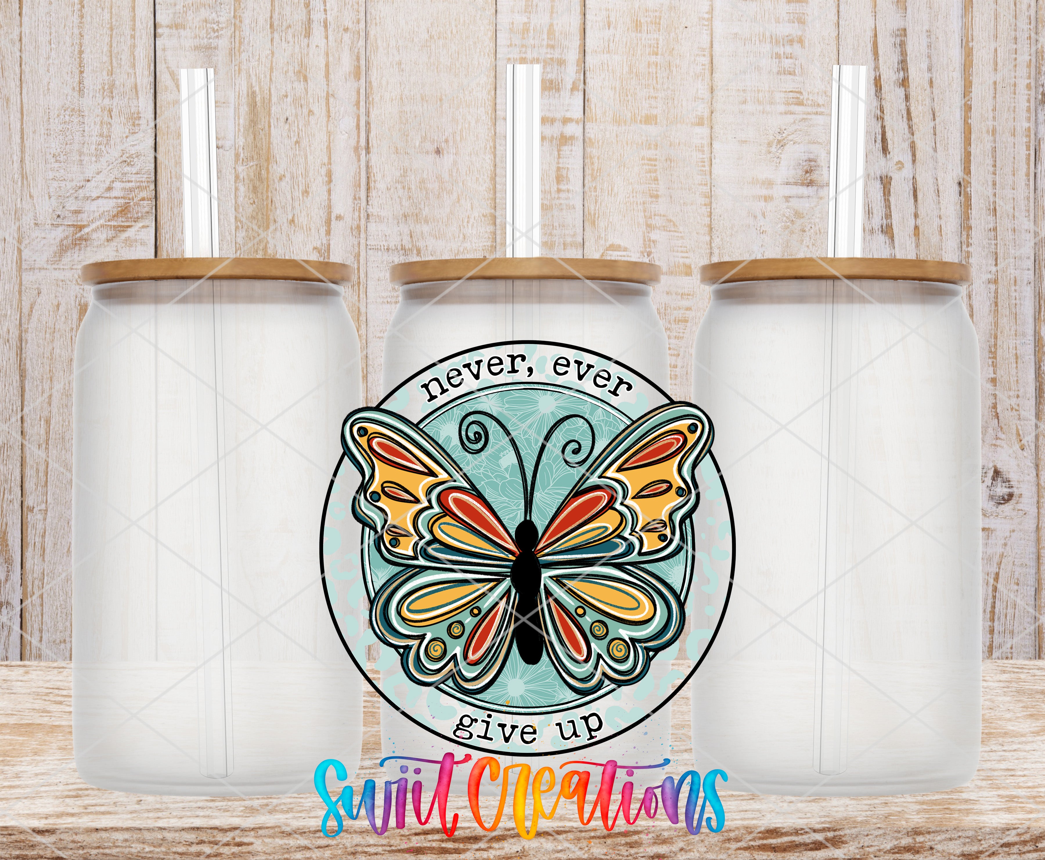 three clear glass jars with wooden lids, arranged in a row against a wooden background. In the center of the image, there is a colorful butterfly design with the text "Never, ever give up" written around it.