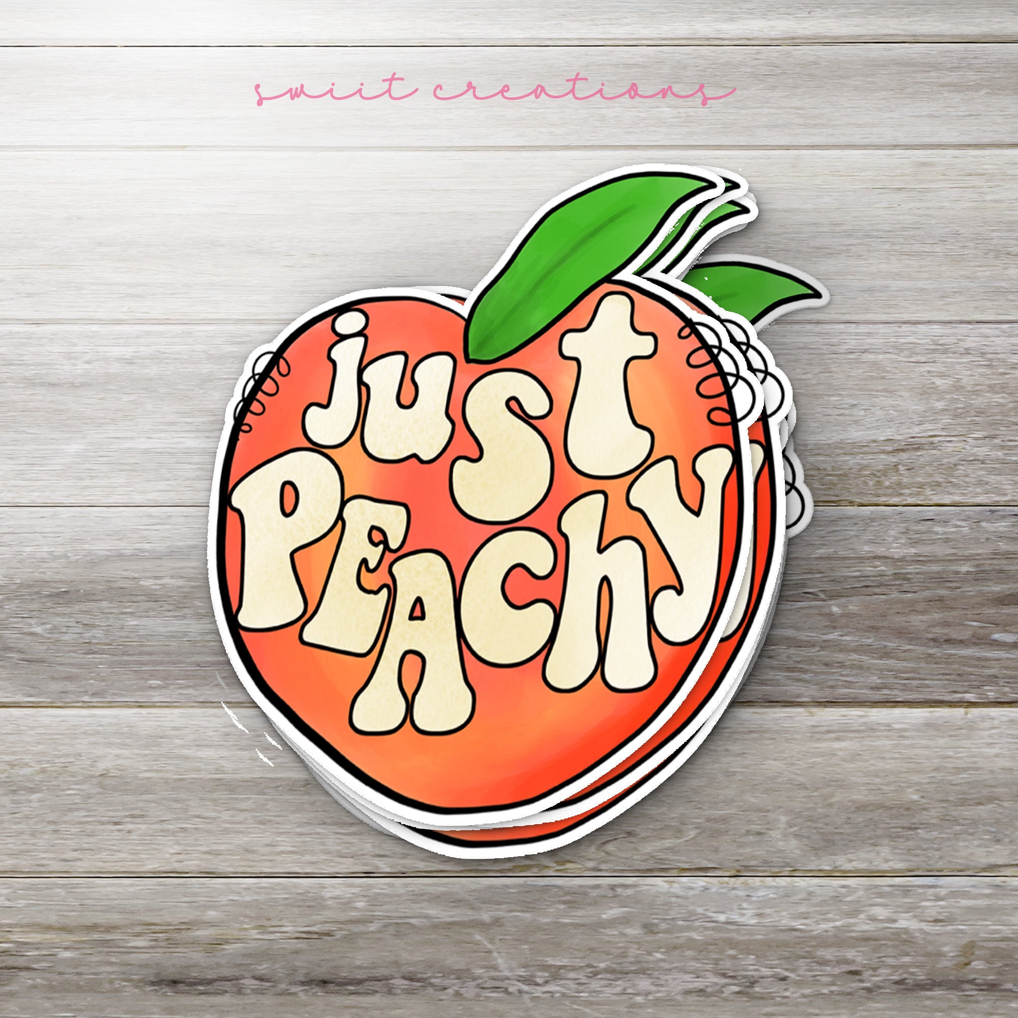 a sticker that says just peachy on it