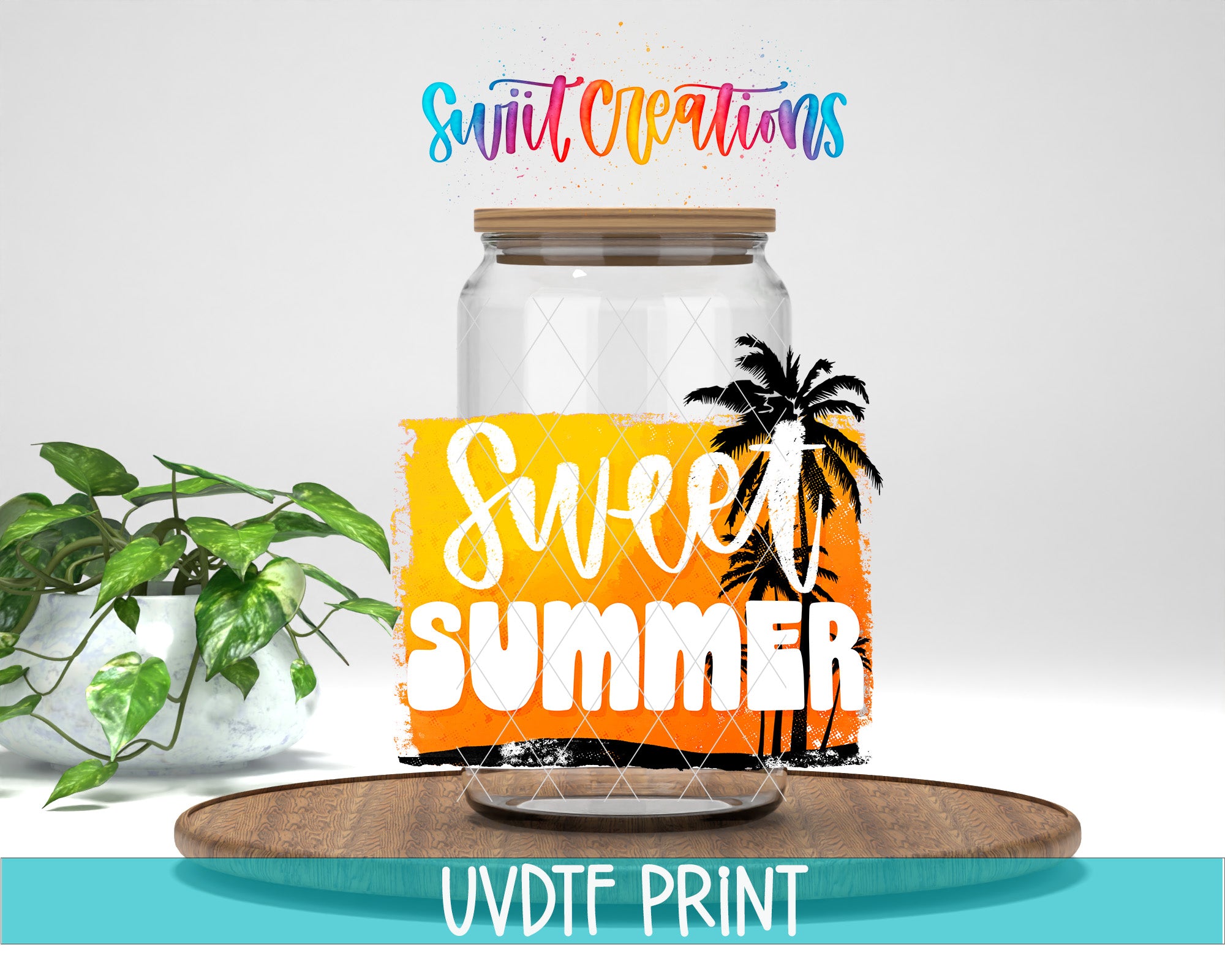 a glass jar with a wooden lid, surrounded by a tropical plant and a wooden tray, with the text "Sweet Summer" written on the jar.