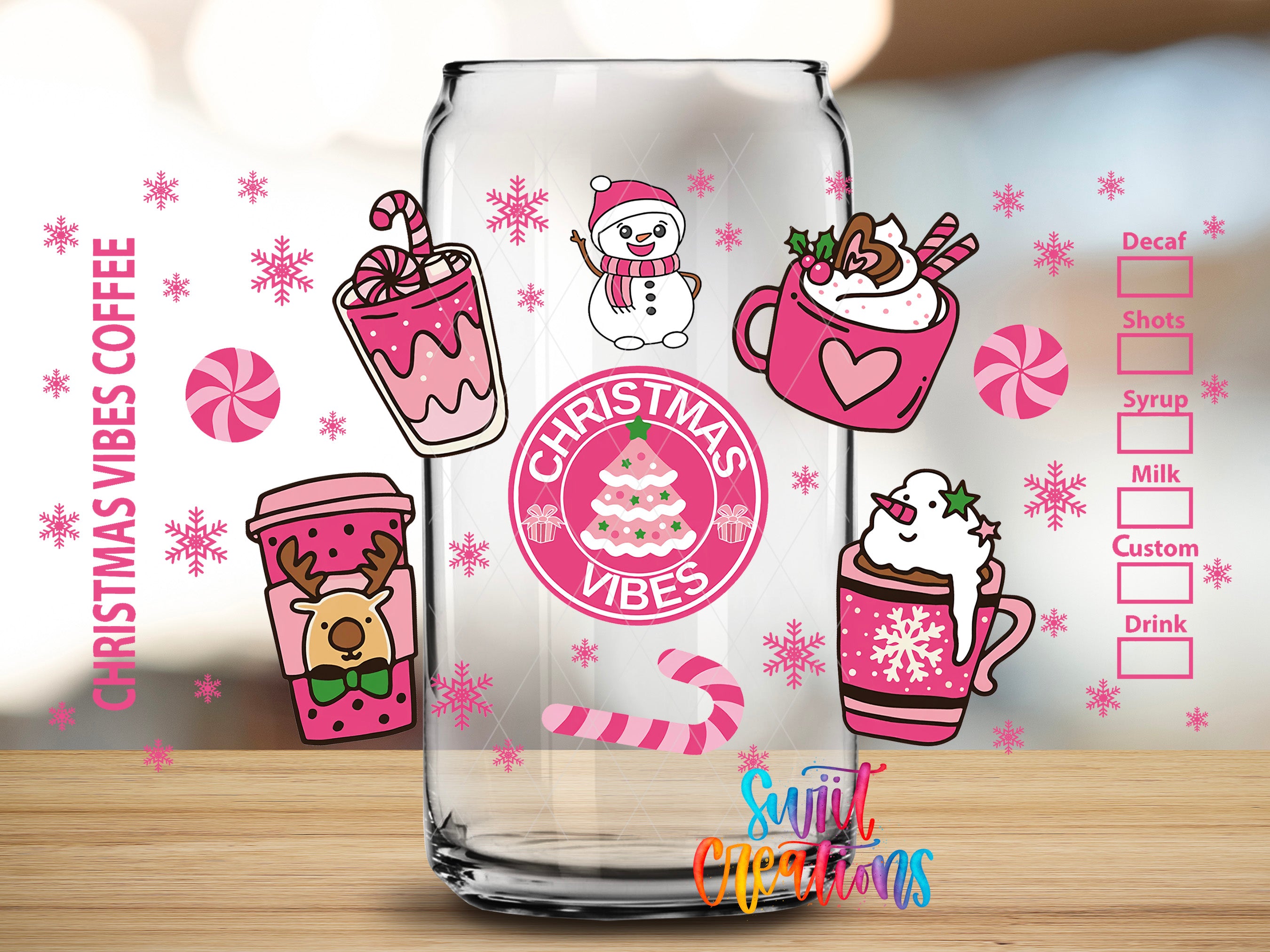 a glass with various Christmas-themed illustrations and text, including a snowman, a cup of hot chocolate, a peppermint, and a snowman.
