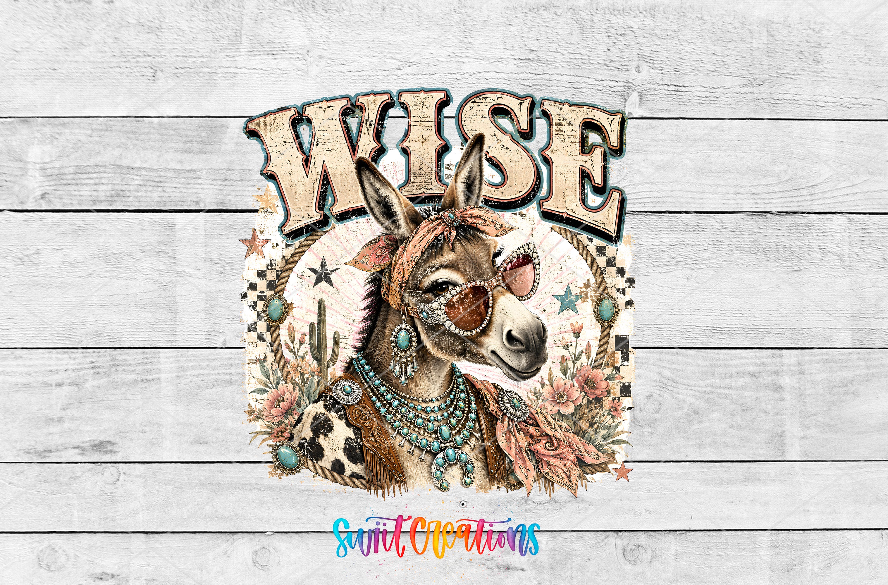 A colorful illustration of a donkey wearing sunglasses and jewelry, with the word "WISE" prominently displayed above it.