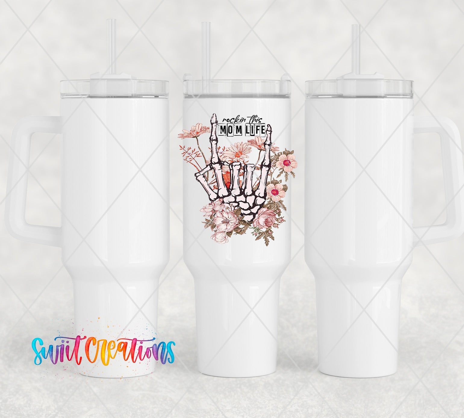 a white tumbler with a picture of a hand on it