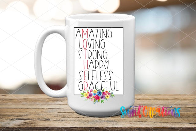 a white coffee mug sitting on top of a wooden table