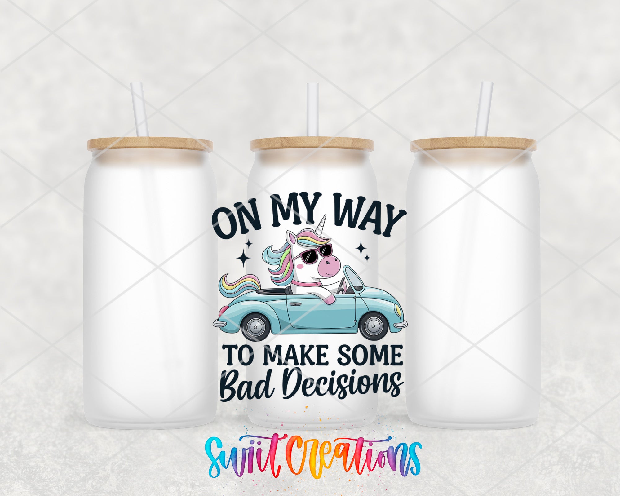 a couple of cups with a unicorn driving a car