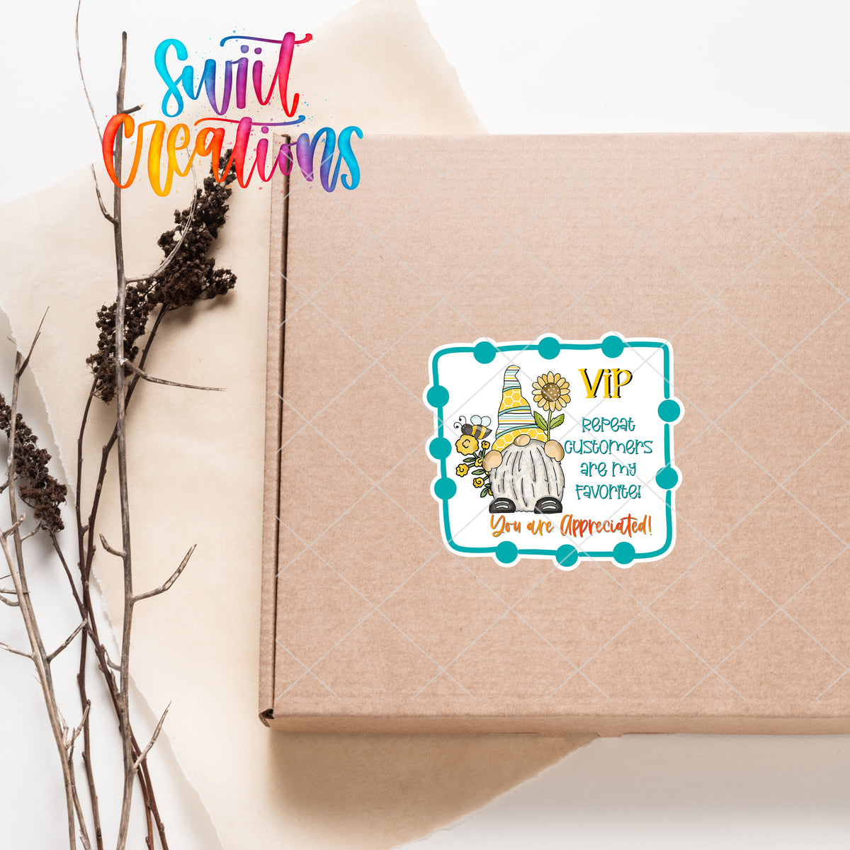 a box with a sticker on it sitting next to a plant