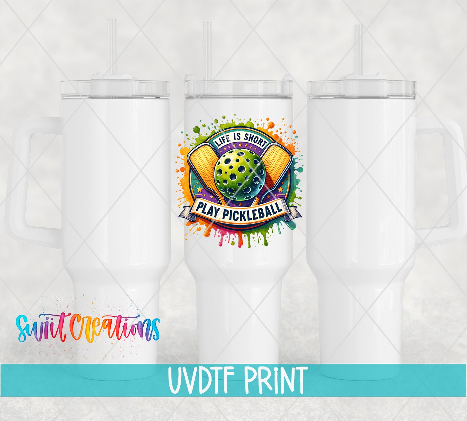 three white tumblers with a colorful design and text printed on them.