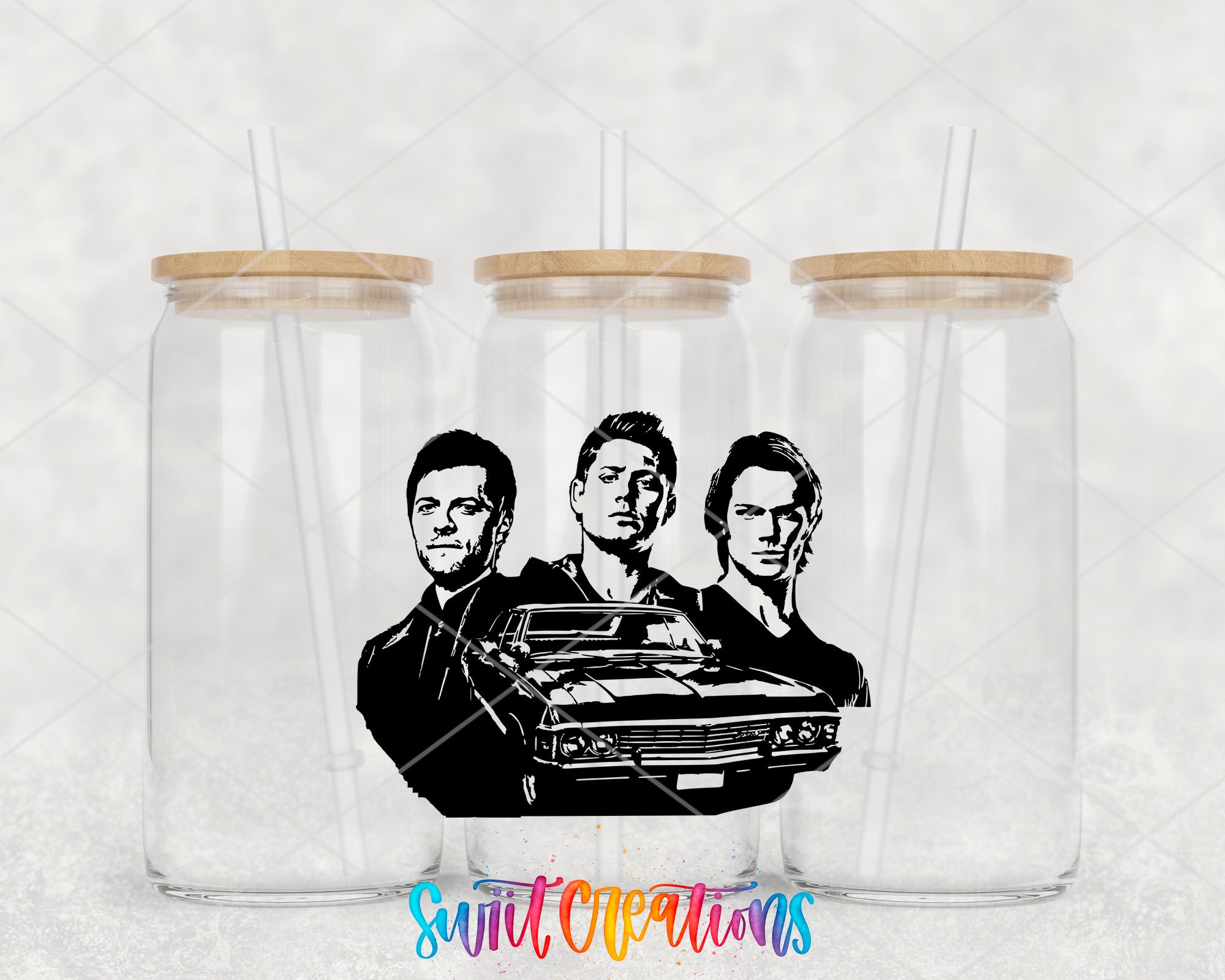 a couple of cups with a picture of two men holding a car
