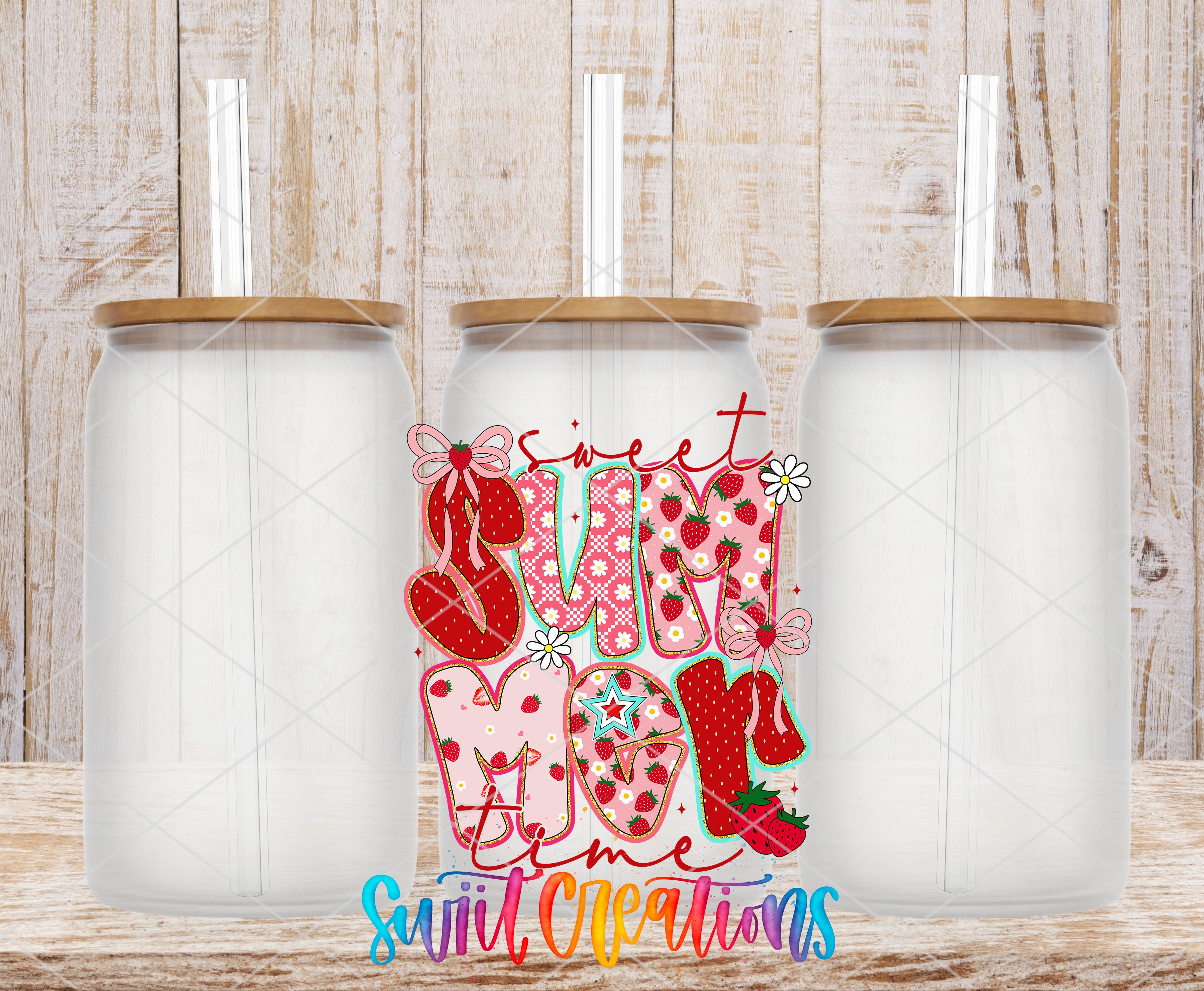 three clear glass jars with wooden lids, arranged in a row against a wooden background. The jars have straws attached to their lids. The text "Sweet summer time" is displayed in a colorful, playful font in the center of the image.