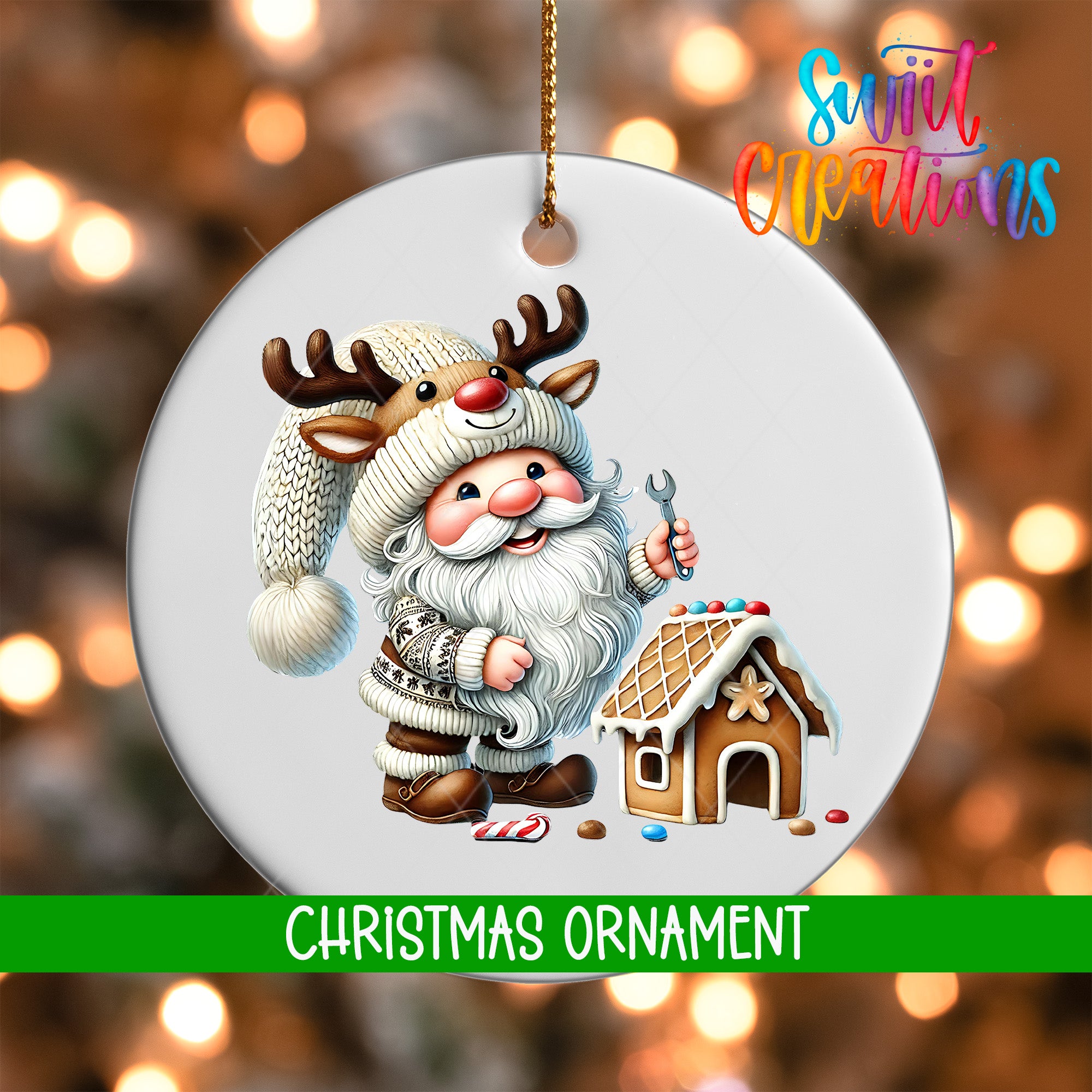 A Christmas ornament featuring a Santa Claus figure wearing a reindeer hat and holding a wrench, standing next to a gingerbread house.