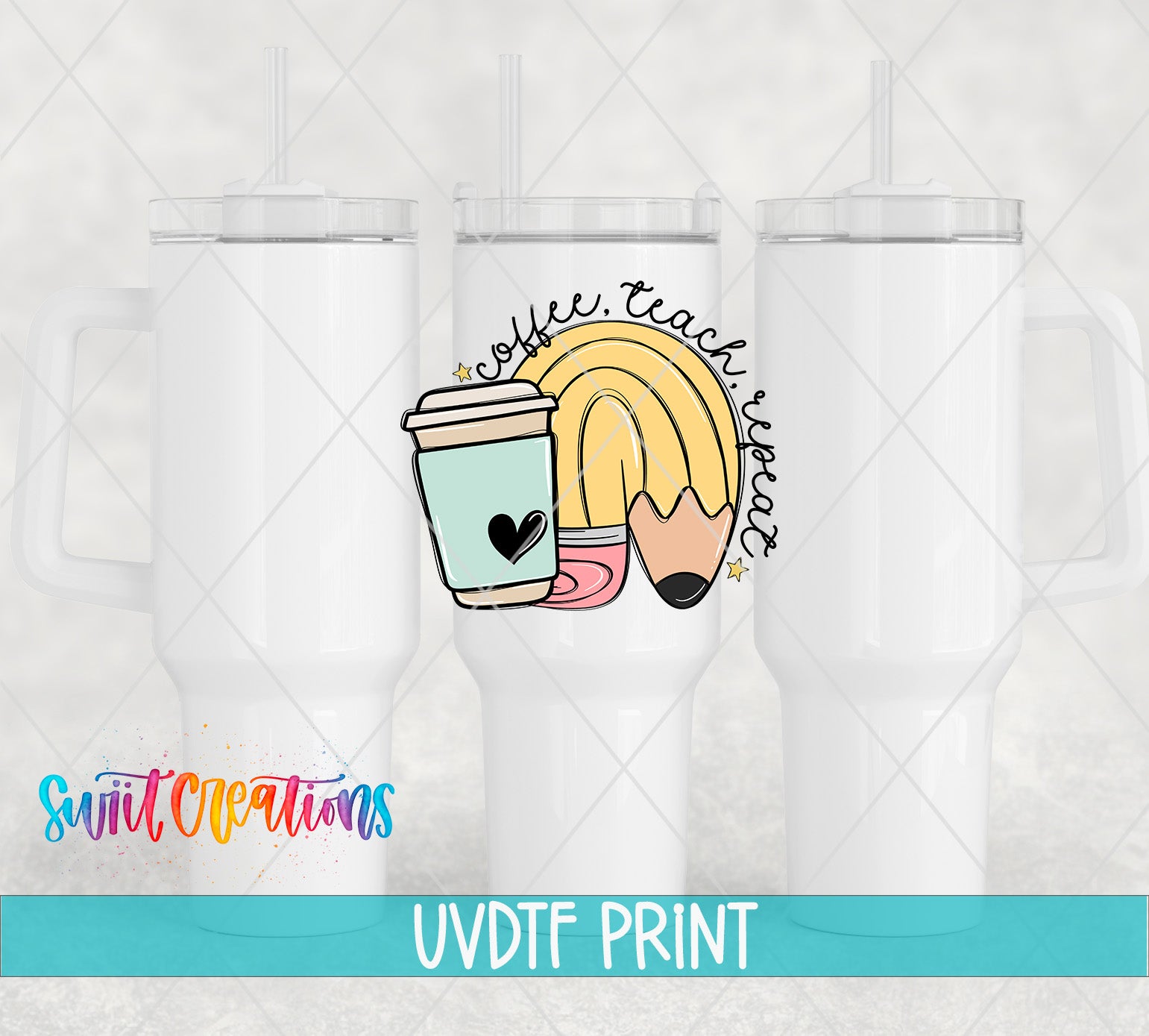 a white mug with a colorful design, including a coffee cup, pencil, and rainbow. The mug is set against a light background, and there is text at the bottom of the image that reads "Swit Creations UVDF PRINT".