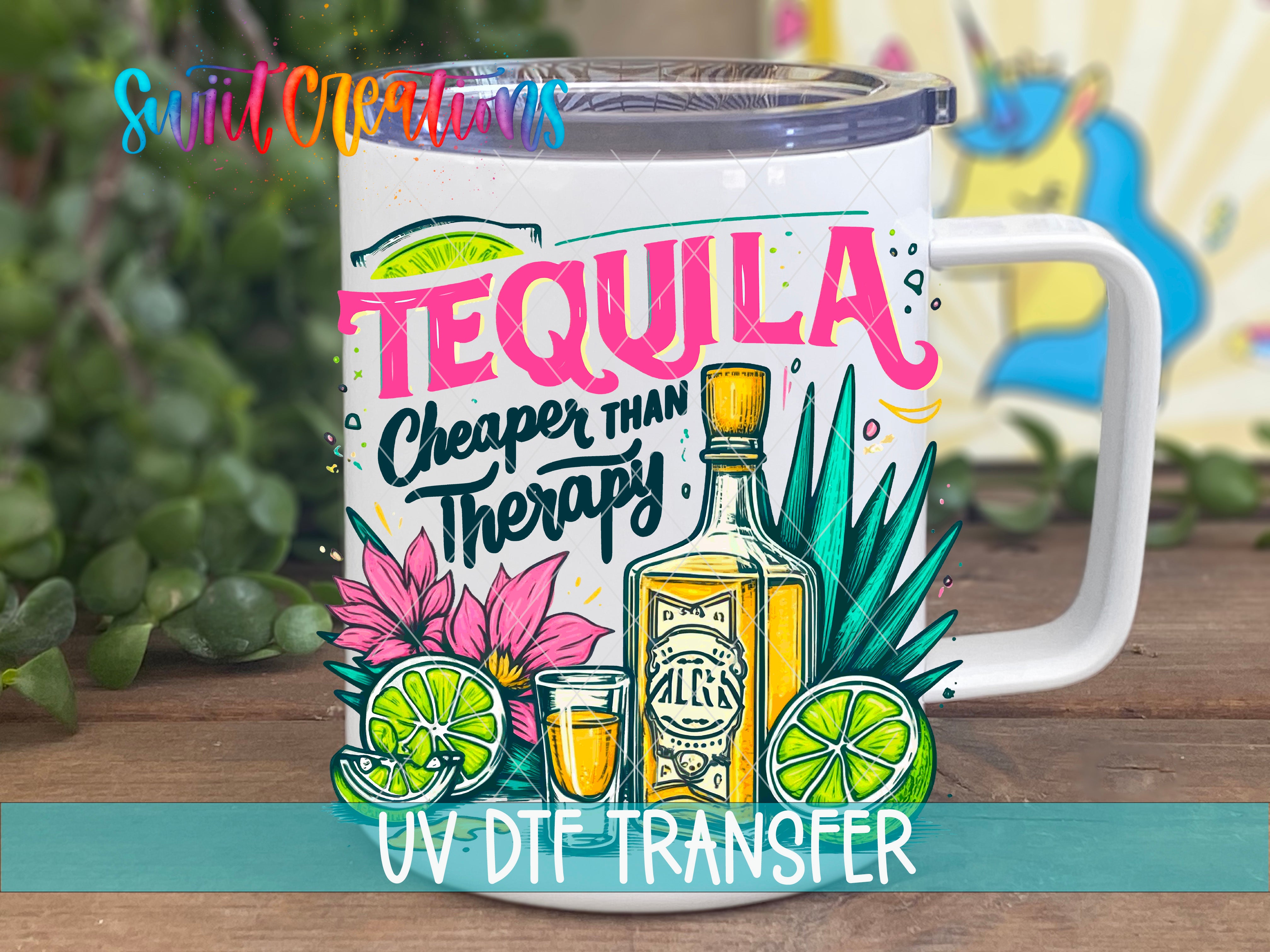 A white mug with a colorful design featuring a tequila bottle, lime slices, and flowers, along with the text "TEQUILA Cheaper than Therapy" and "UV DFT TRANSFER".