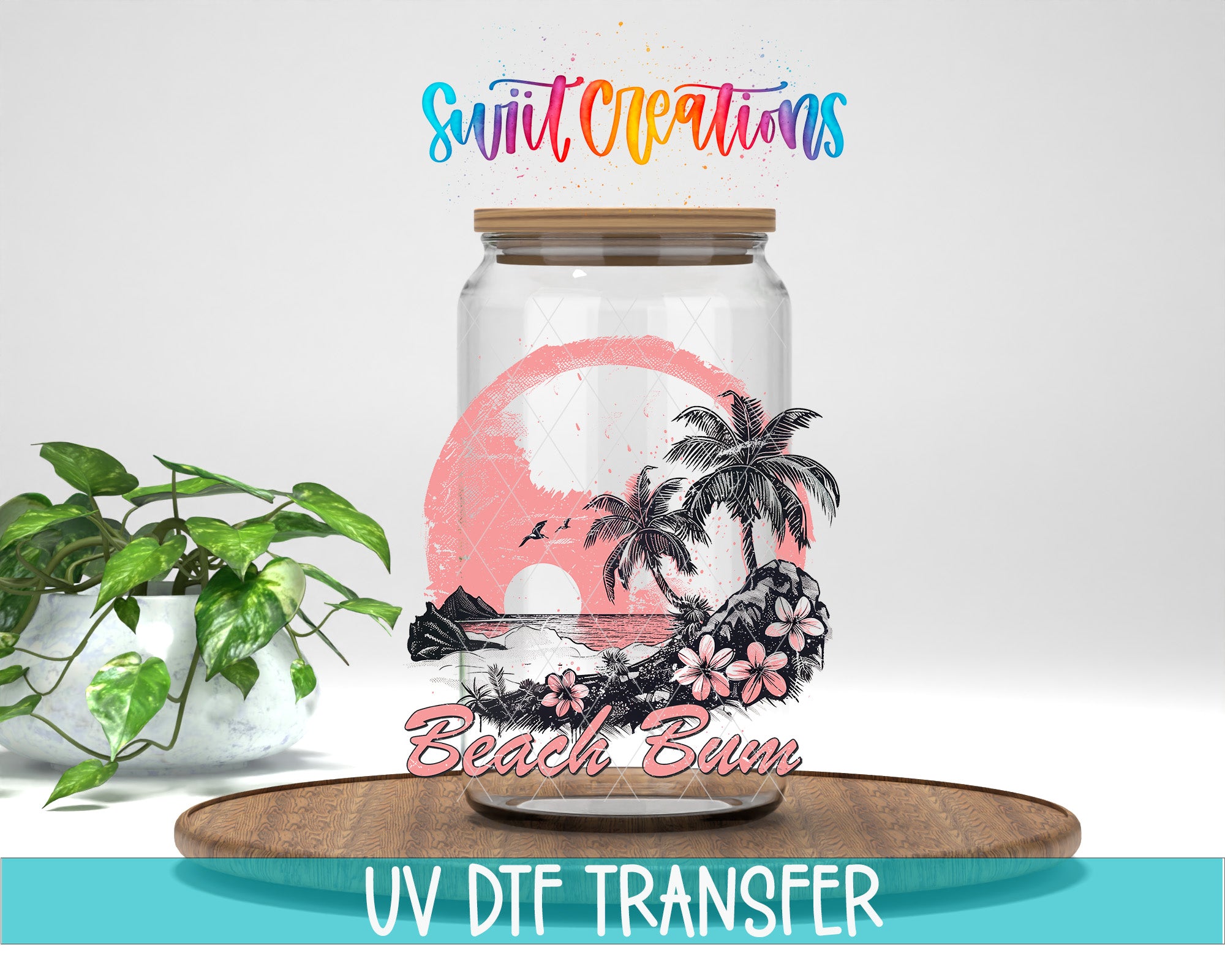 a glass jar with a tropical beach scene design, including palm trees, flowers, and a sunset. The jar is placed on a wooden surface, and there is a potted plant in the background.