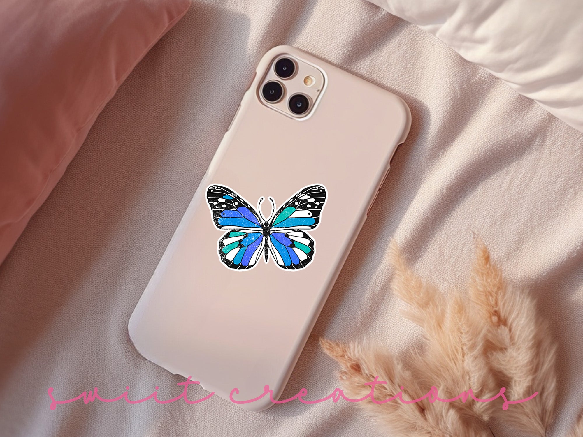 a phone case with a blue butterfly on it