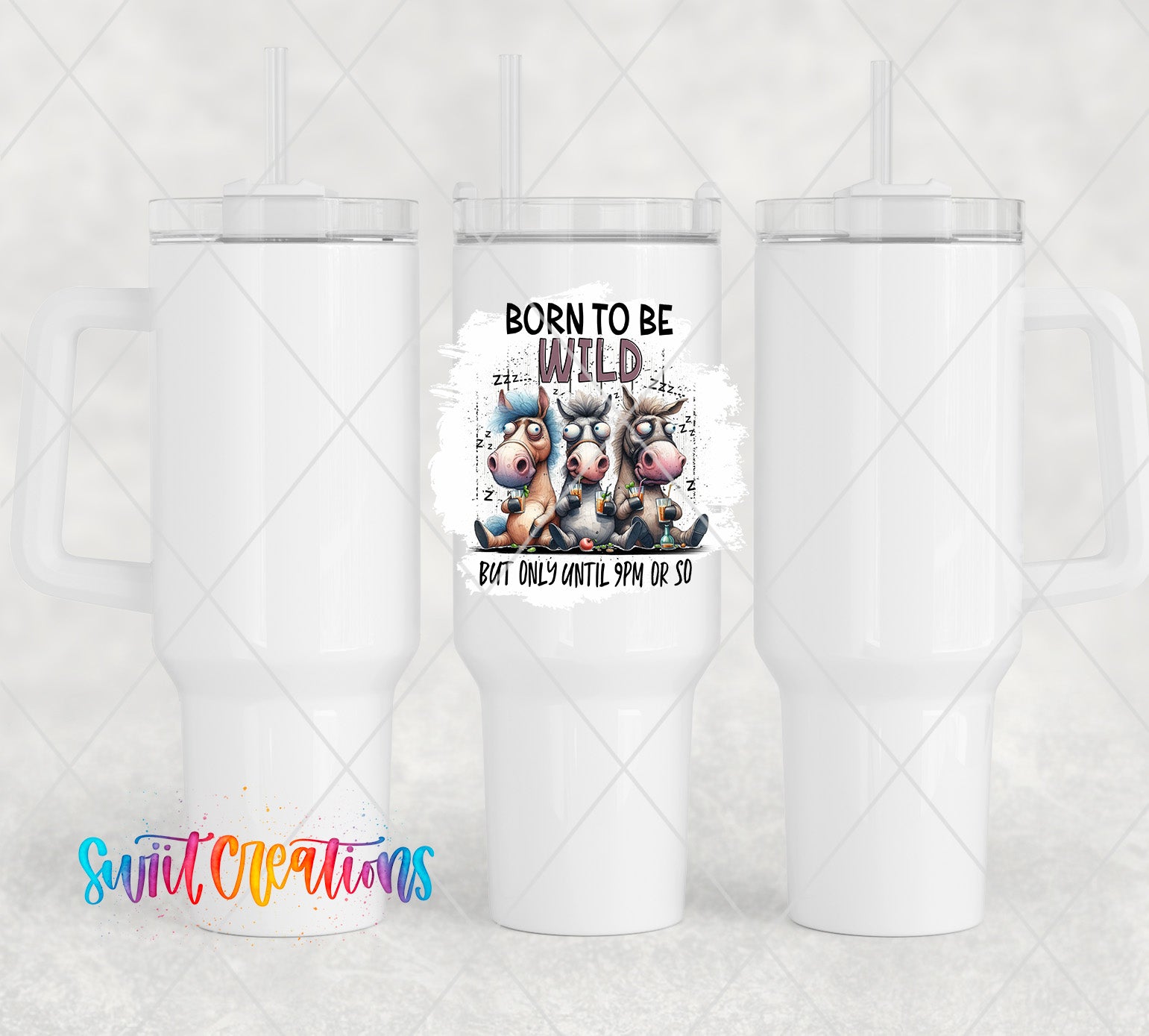 a white tumbler cup with a picture of three cows on it