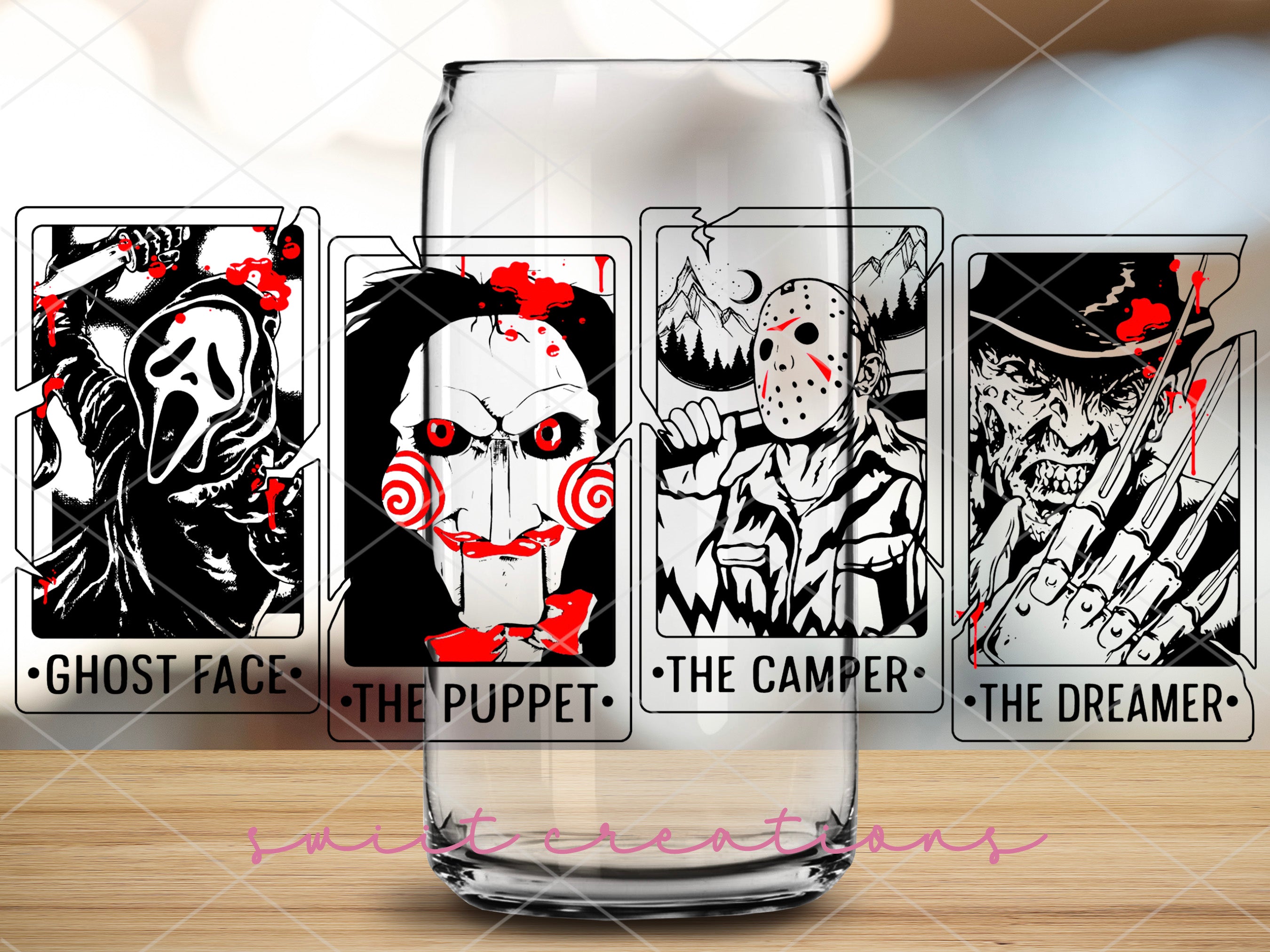 a glass with a picture of a group of zombies on it