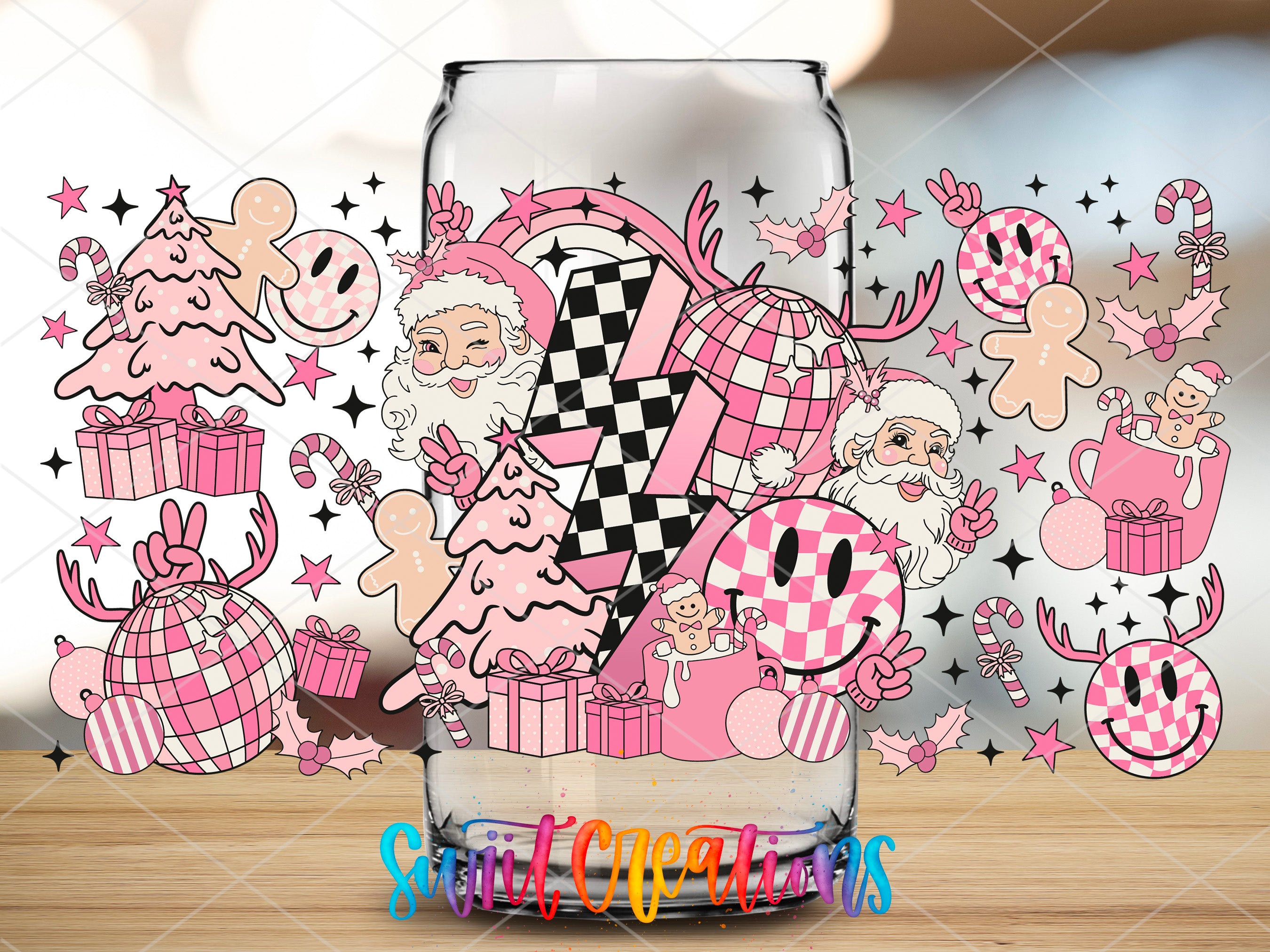 a glass with a picture of santa claus and other cartoon characters