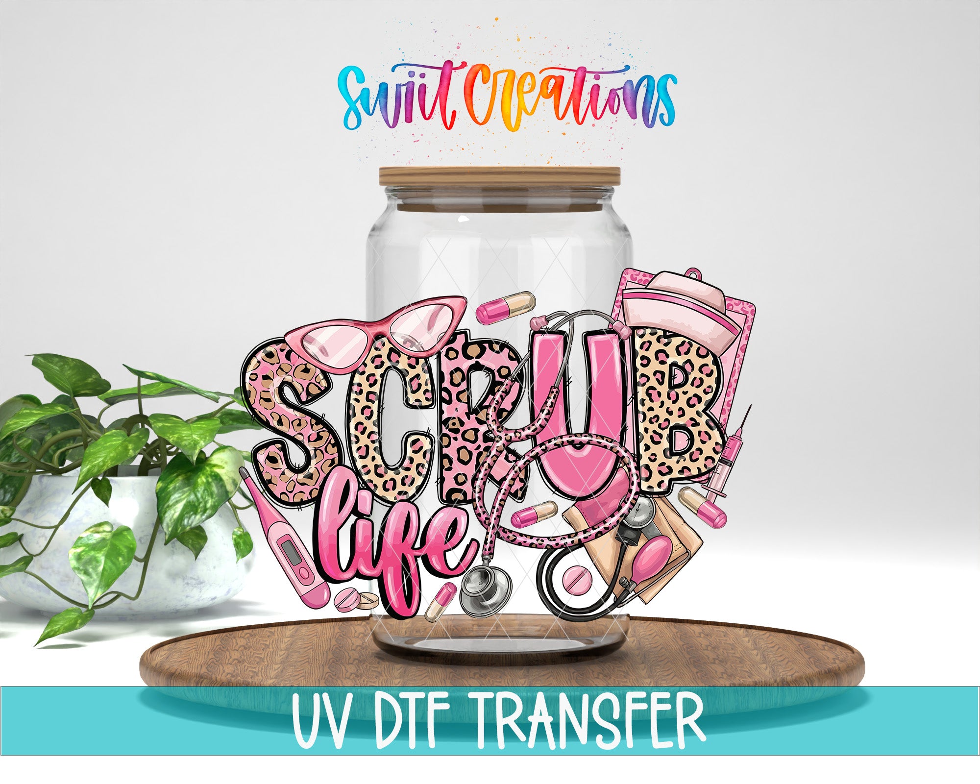 a glass jar with a leopard print design and the word "SURG" prominently displayed. The jar is surrounded by various medical and healthcare-related items, such as a stethoscope, syringes, and pills. The background of the image is white, and there is a plant visible on the left side. The text "SV Dtf Transfer" is present in the image.