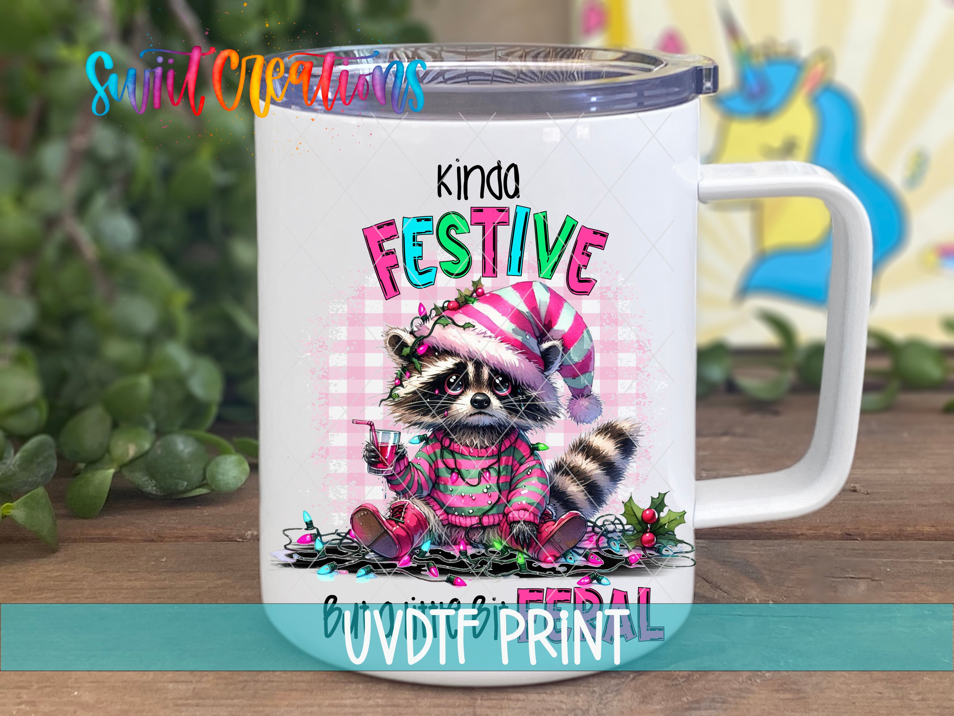 a white coffee mug with a raccoon wearing a pink hat