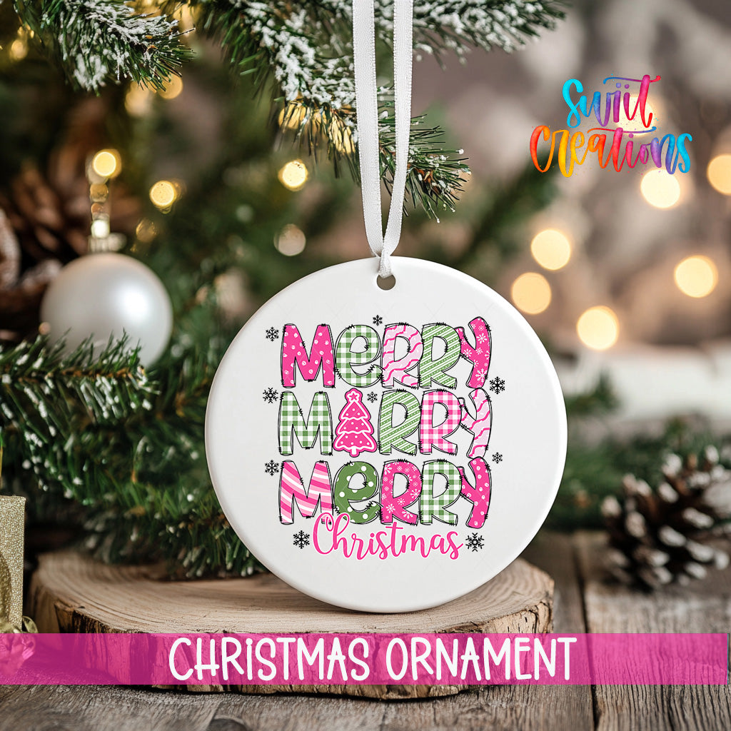 A white Christmas ornament with the text "Merry Merry Merry Christmas" printed on it, hanging from a tree branch.