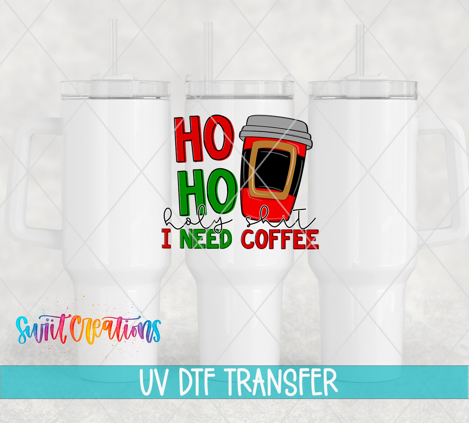 three white tumblers with a colorful coffee cup design on them.