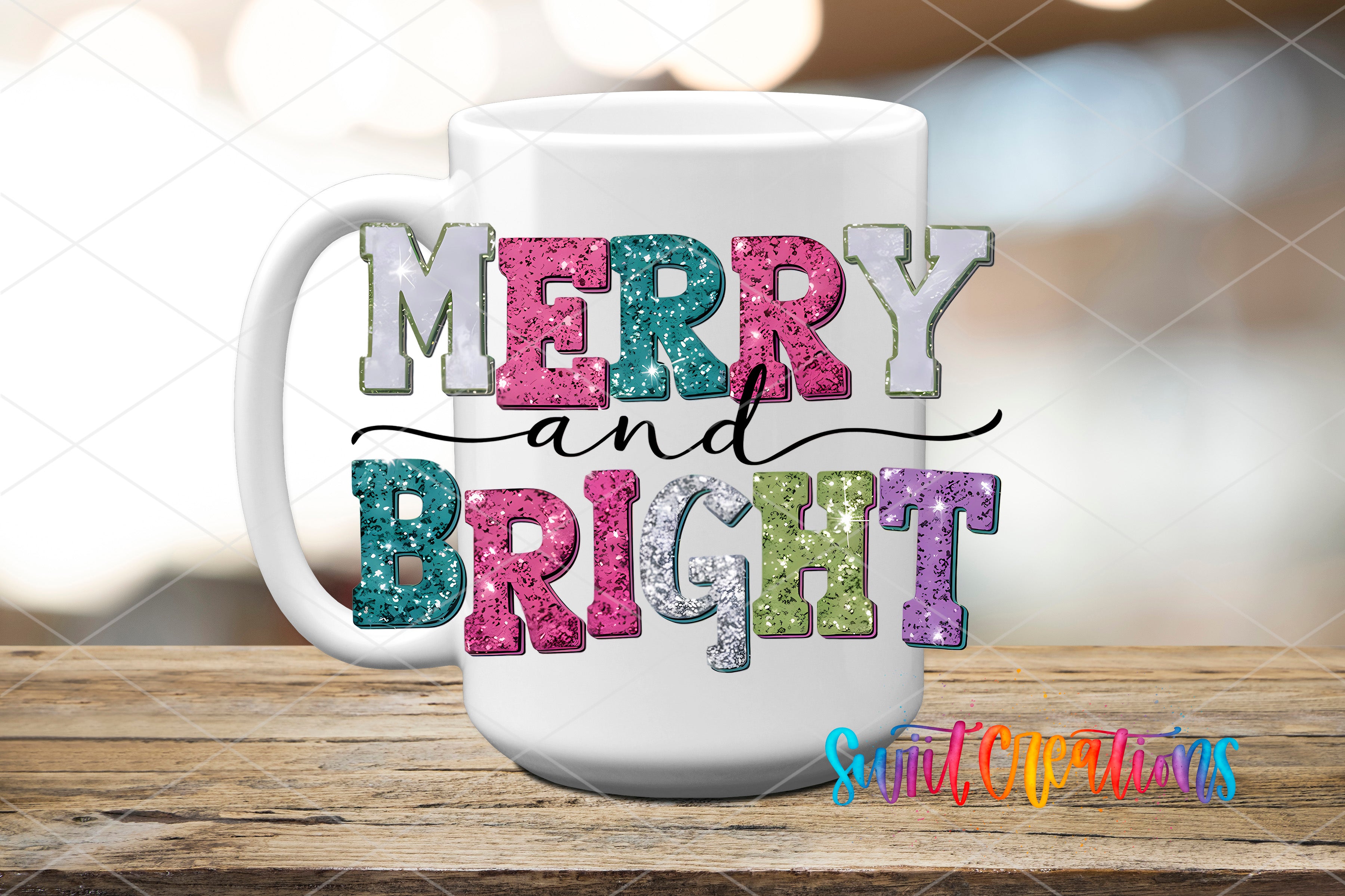 A white mug with the text "MERRY and BRIGHT" written on it in a colorful, glittery font.