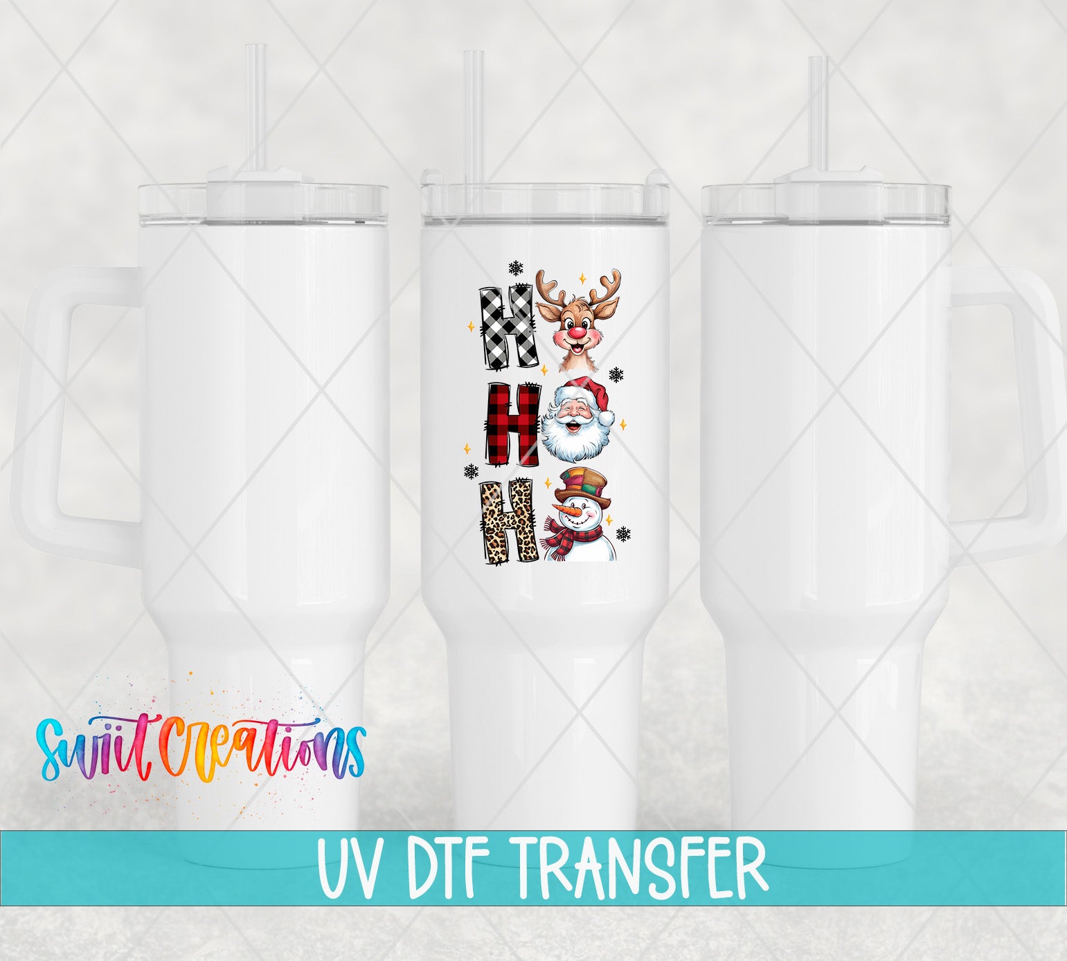 three white tumblers with a colorful design on the front, including a Santa Claus figure and other festive elements.