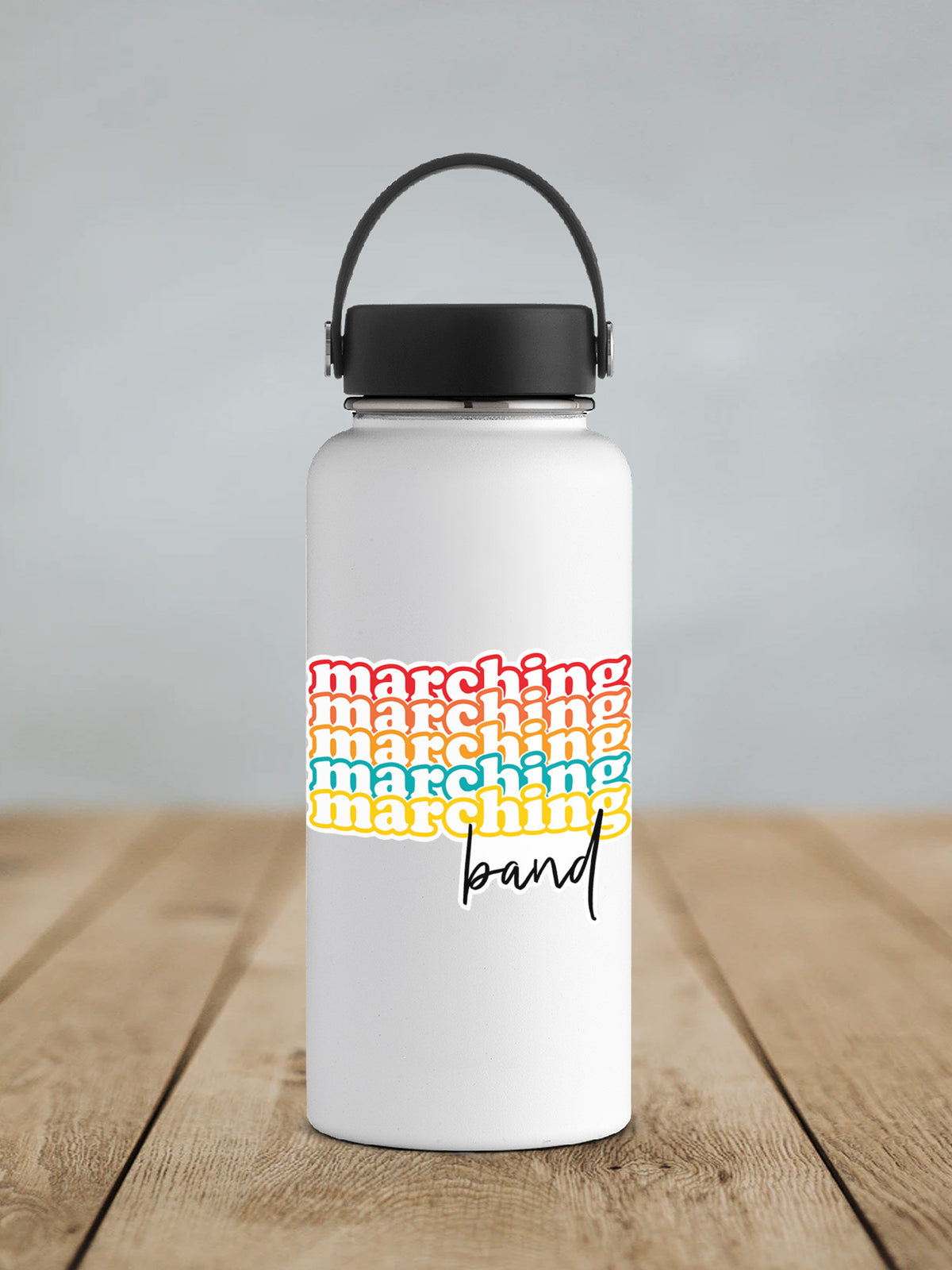 Retro Marching Band sticker on a white insulated water bottle