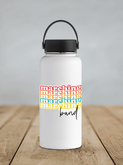 Retro Marching Band sticker on a white insulated water bottle