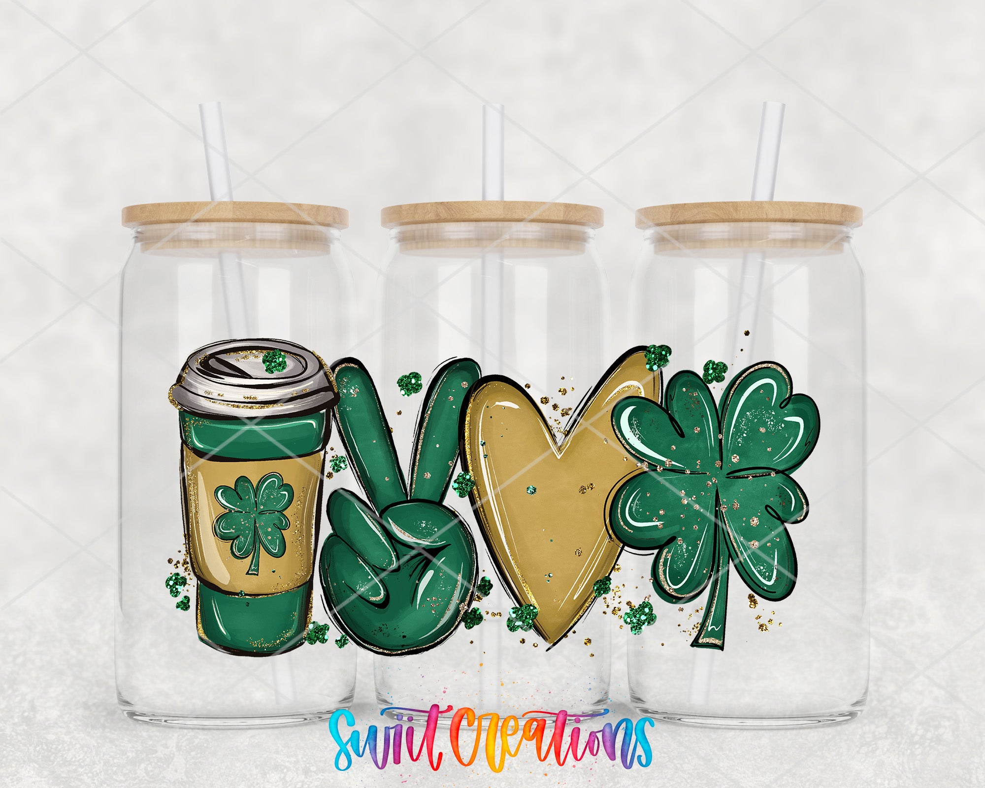 a couple of mason jars with shamrocks and a peace sign