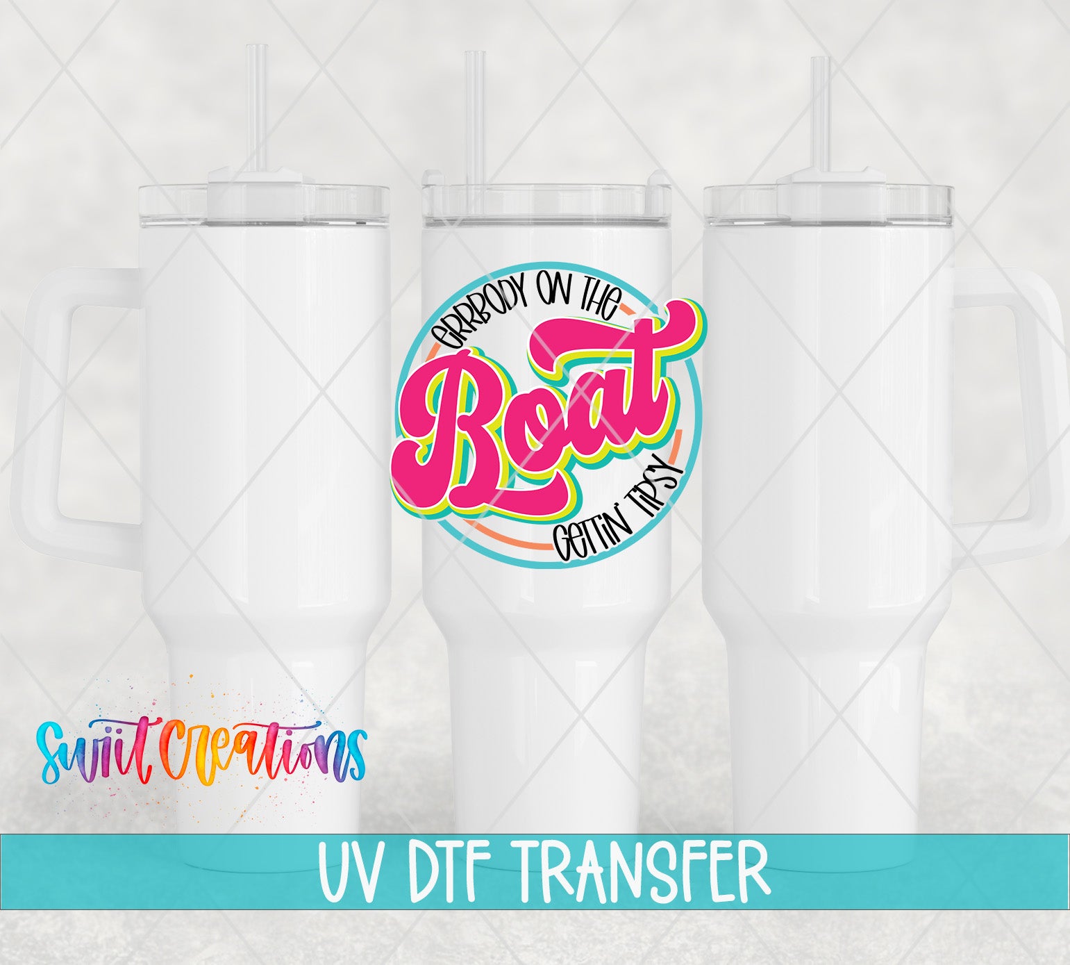 three white tumblers with handles, arranged in a row against a light background. The tumblers have a colorful design on them, and there is text overlaying the image that reads "Erbody on the Boat Getting a Ride".